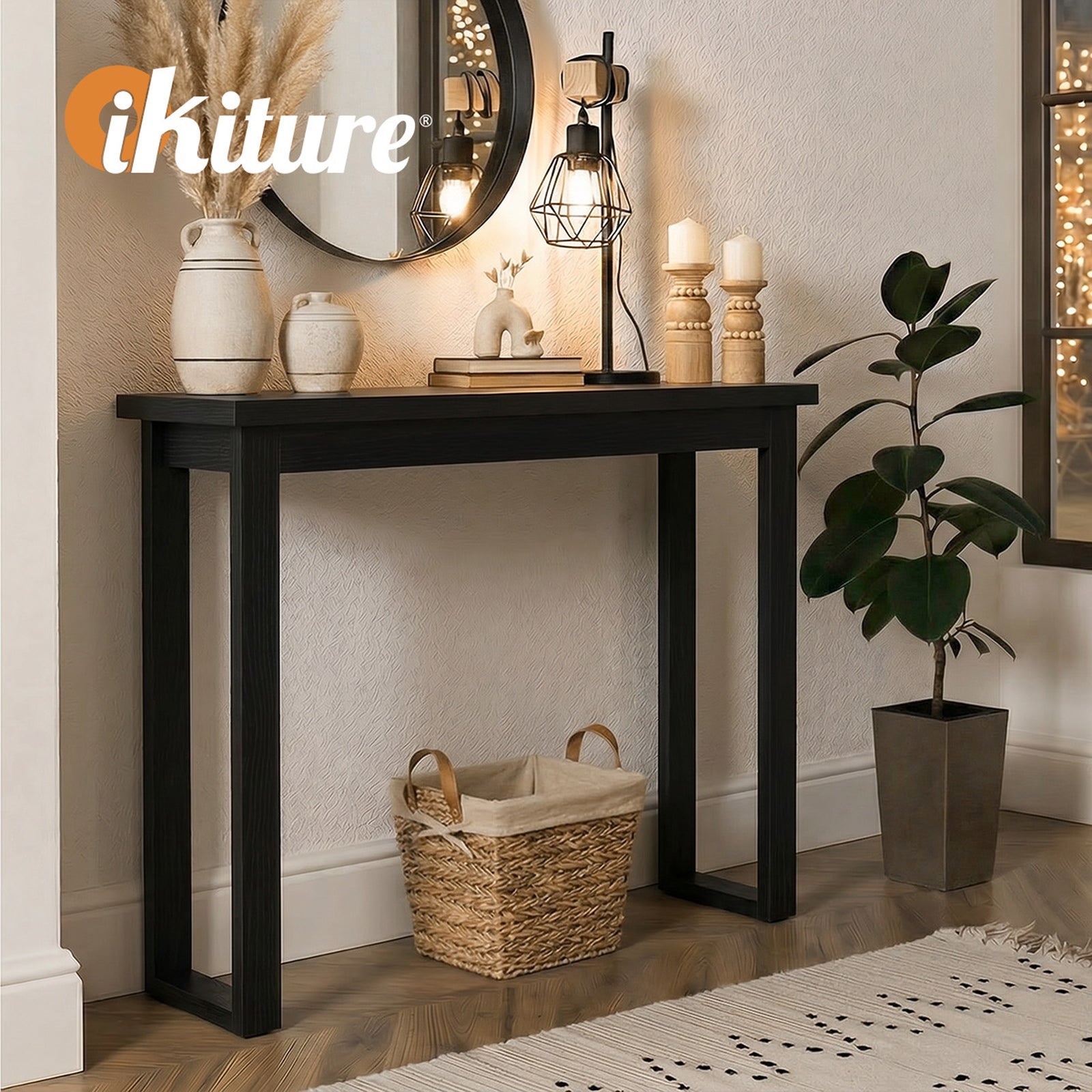 Oikiture Console Table Narrow Hall Entryway Sofa Table Display Shelf Black