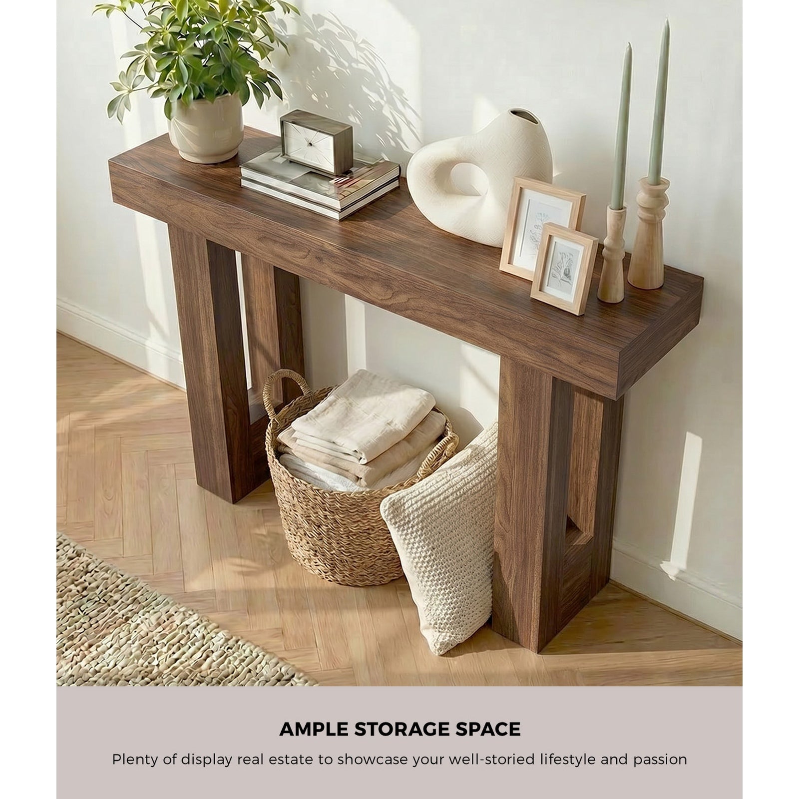 Oikiture Console Table Hallway Narrow Sofa Side Desk Storage Rack Walnut
