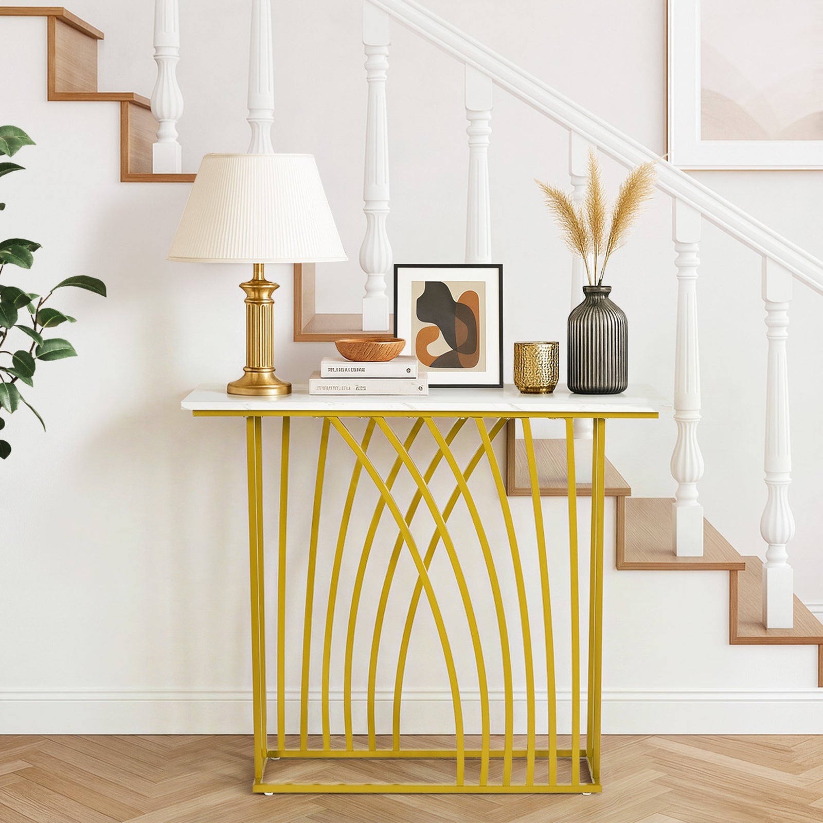 Oikiture Console Table Hallway Marble Effect Tabletop Entry Desk White&Gold - Sunyee