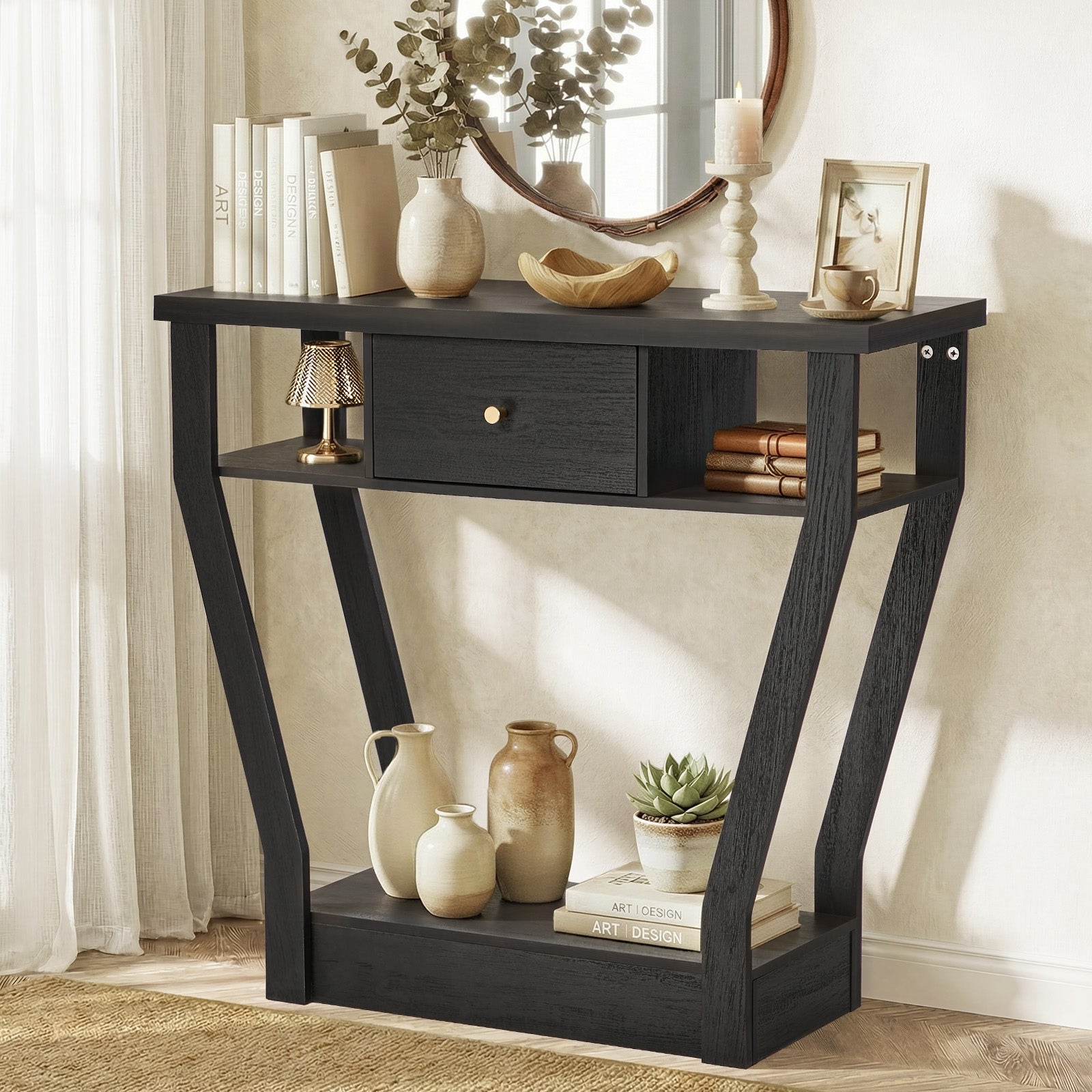 Oikiture Console Table 1 Drawer Hallway Entryway Storage Shelf Side Desk Black - Sunyee