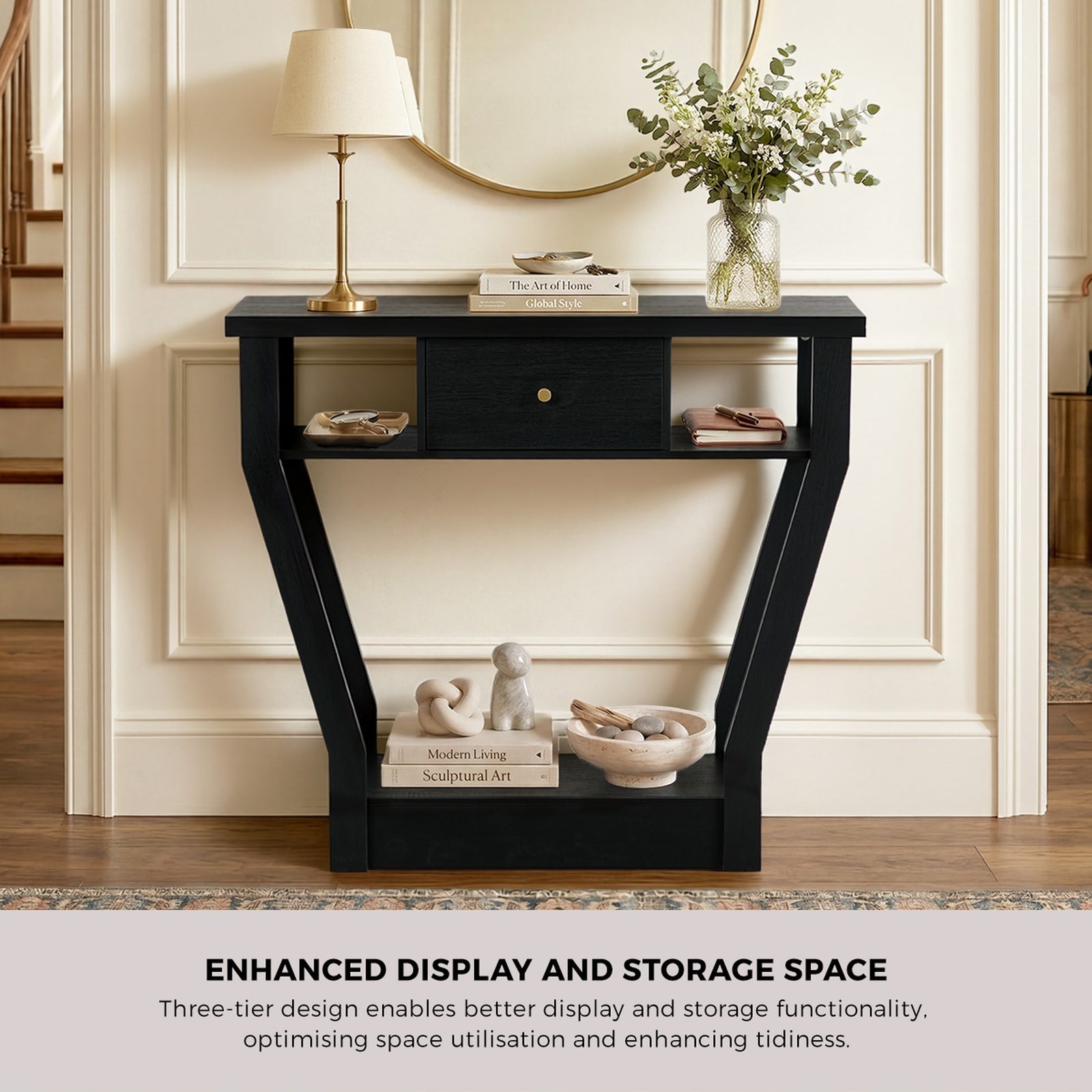Oikiture Console Table 1 Drawer Hallway Entryway Storage Shelf Side Desk Black - Sunyee