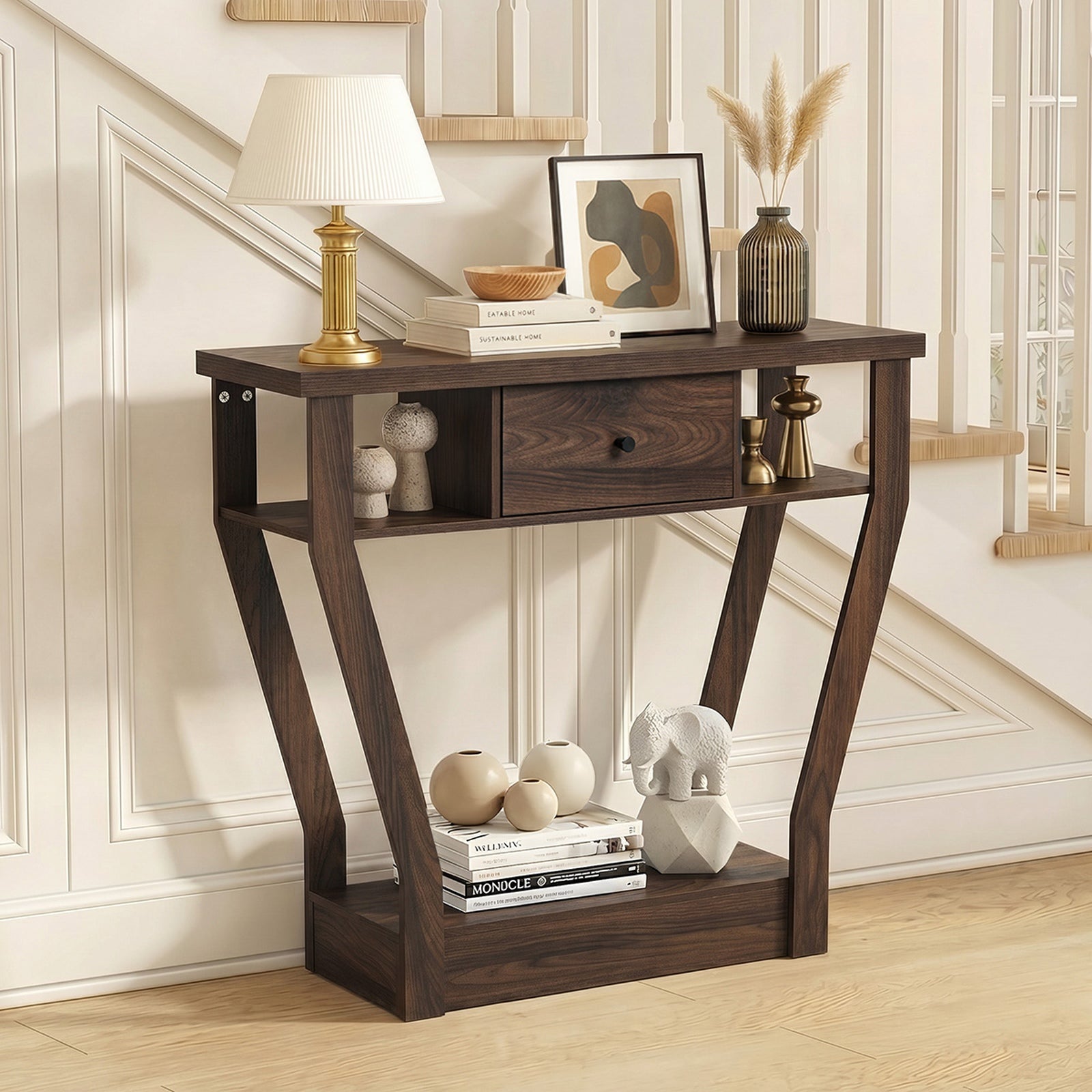 Oikiture Console Table 1 Drawer Hallway Entryway Storage Shelf Side Desk Walnut - Sunyee