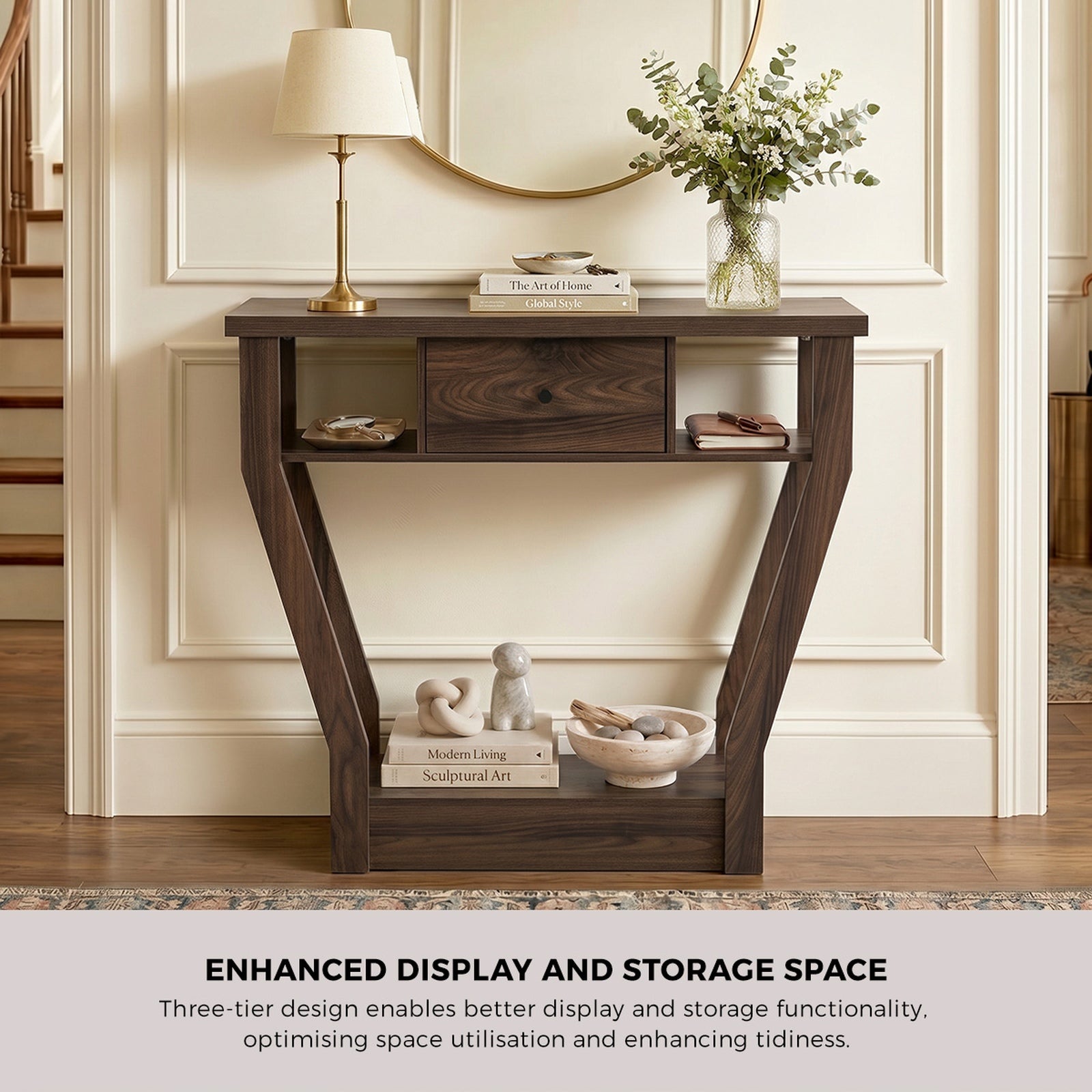 Oikiture Console Table 1 Drawer Hallway Entryway Storage Shelf Side Desk Walnut - Sunyee