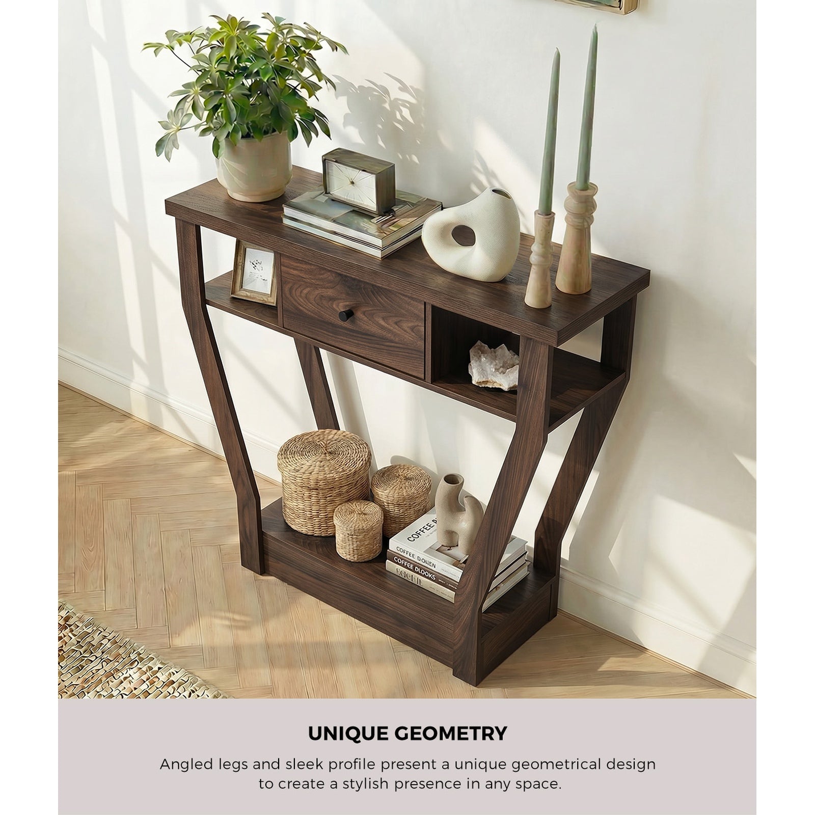 Oikiture Console Table 1 Drawer Hallway Entryway Storage Shelf Side Desk Walnut - Sunyee