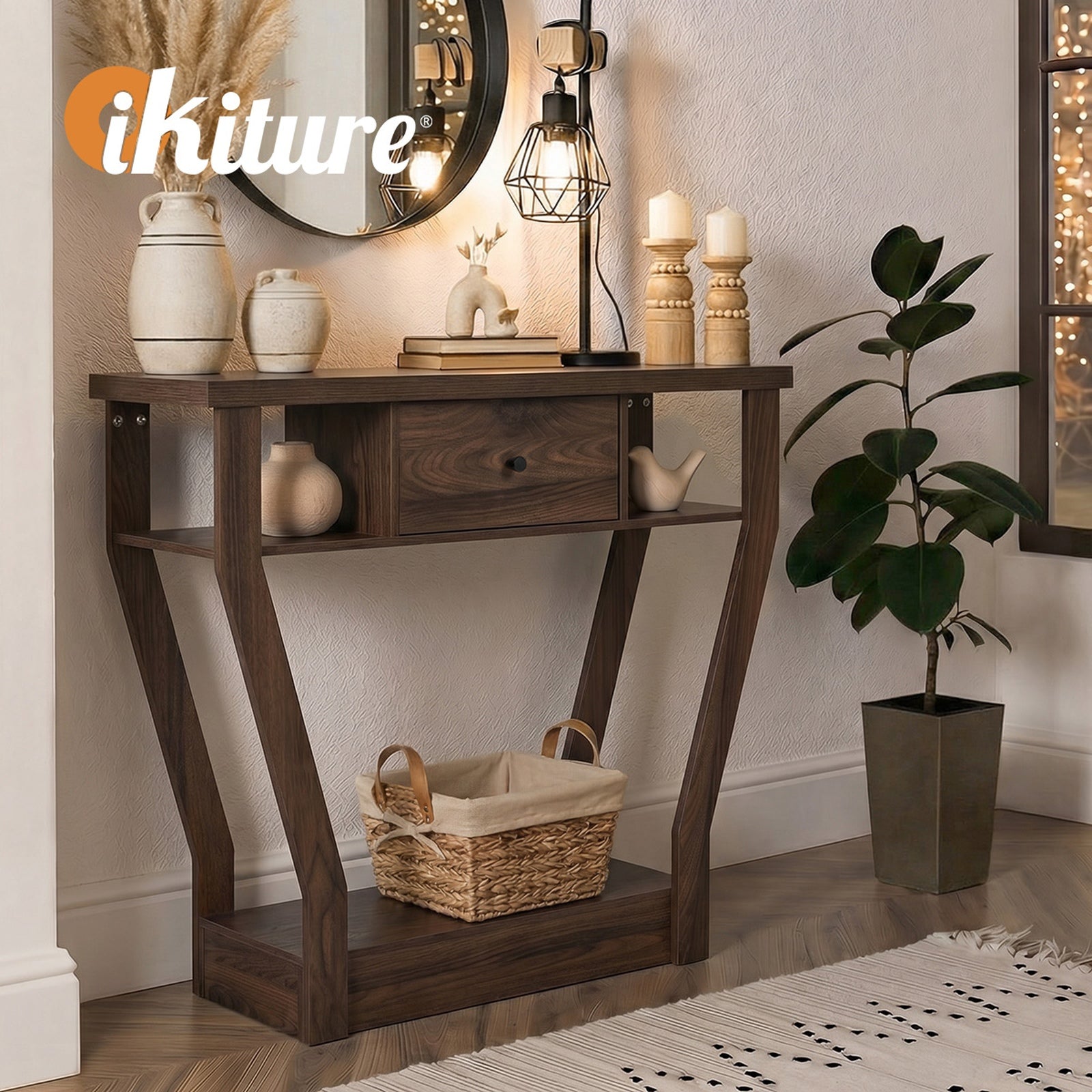 Oikiture Console Table 1 Drawer Hallway Entryway Storage Shelf Side Desk Walnut - Sunyee