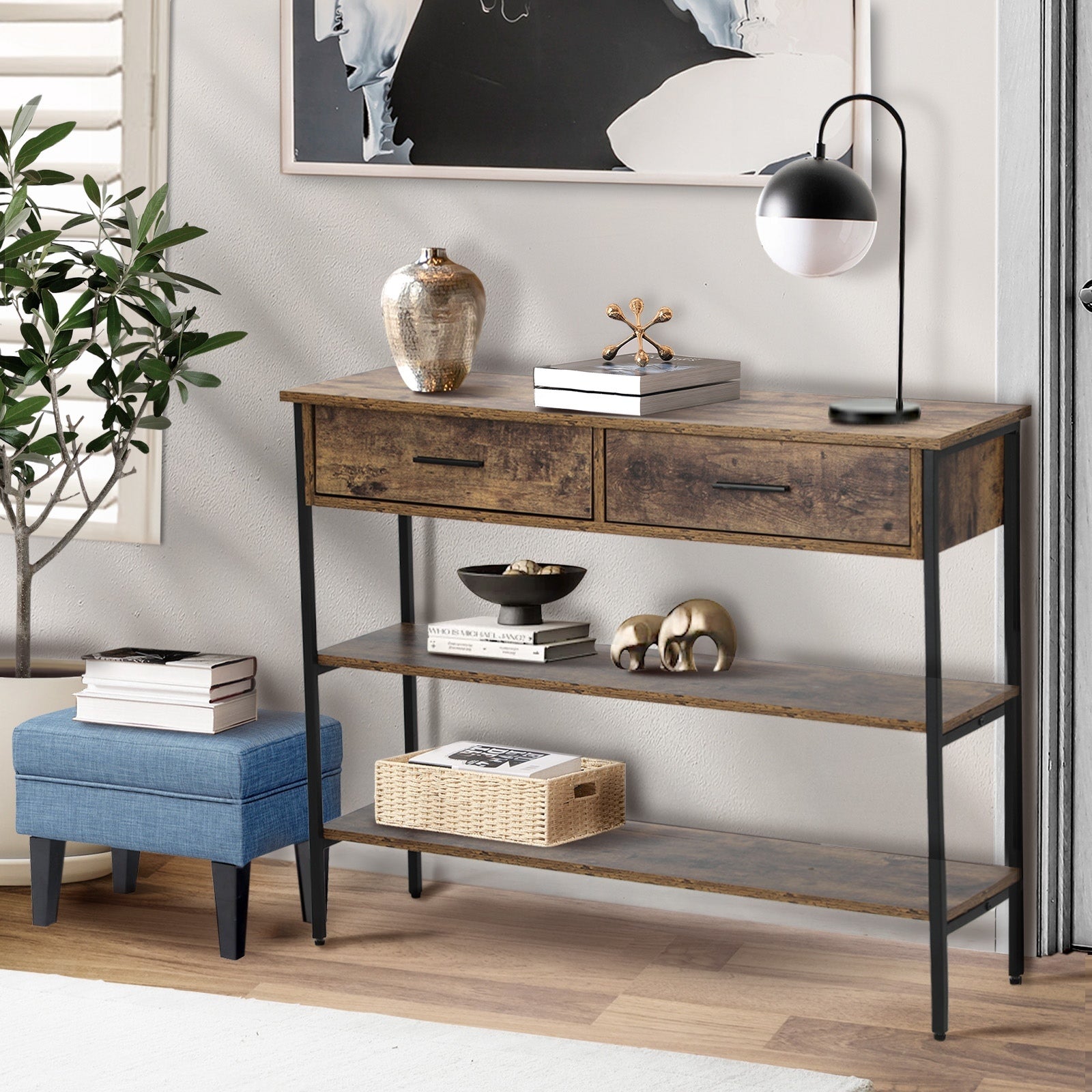 Oikiture 3-Tier Console Table Wood Sofa Table with 2 Drawers Hall Side Entry