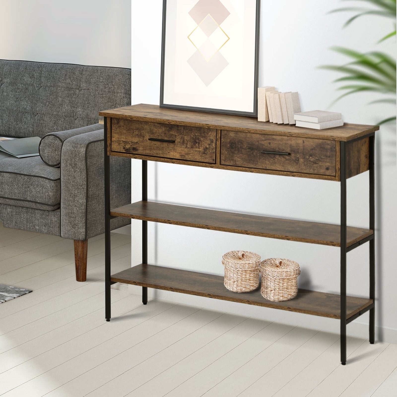 Oikiture 3-Tier Console Table Wood Sofa Table with 2 Drawers Hall Side Entry