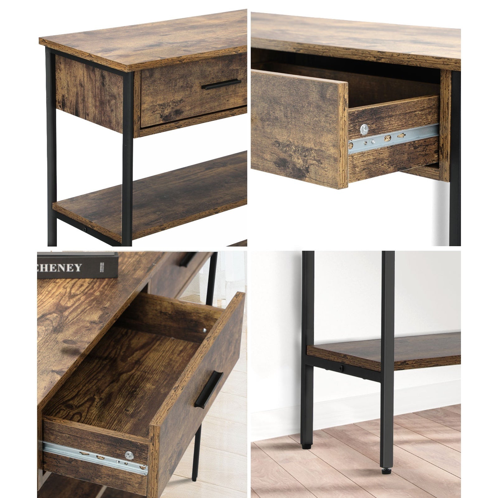 Oikiture 3-Tier Console Table Wood Sofa Table with 2 Drawers Hall Side Entry