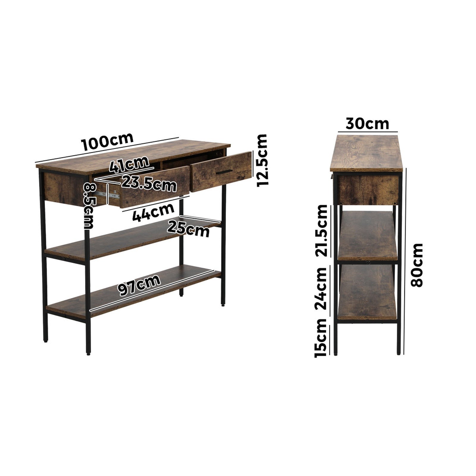Oikiture 3-Tier Console Table Wood Sofa Table with 2 Drawers Hall Side Entry