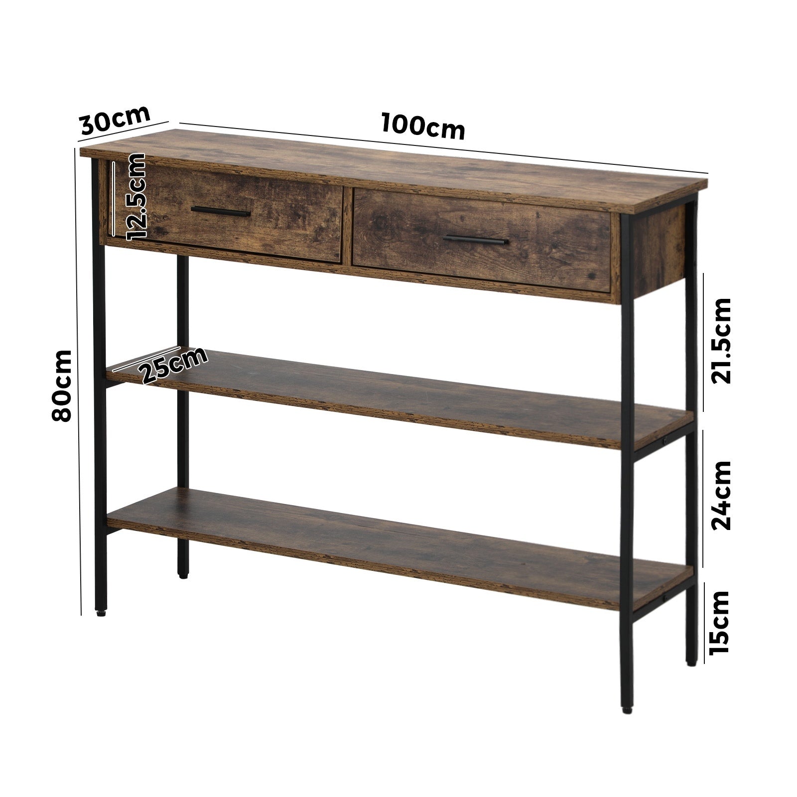 Oikiture 3-Tier Console Table Wood Sofa Table with 2 Drawers Hall Side Entry