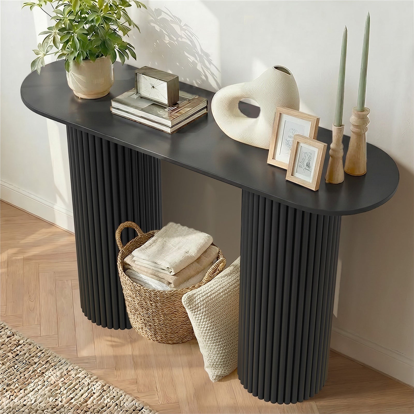 Oikiture Console Table Oval Hallway Desk Modern Entryway Table Black