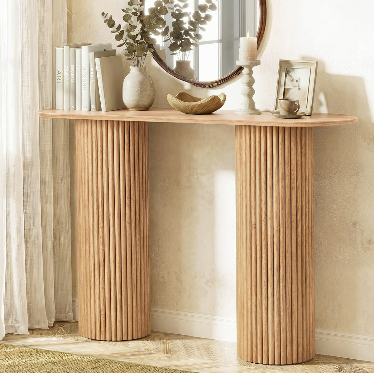 Oikiture Console Table Oval Hallway Desk Modern Entryway Table Natural