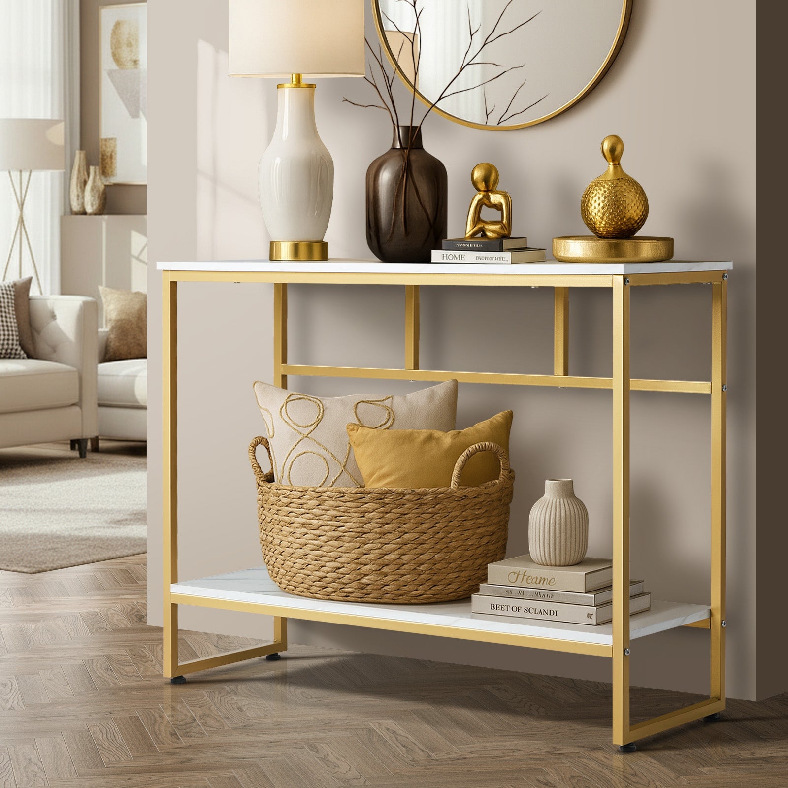 Oikiture Console Table Hallway Marble Effect Metal Entry Table Display - Sunyee