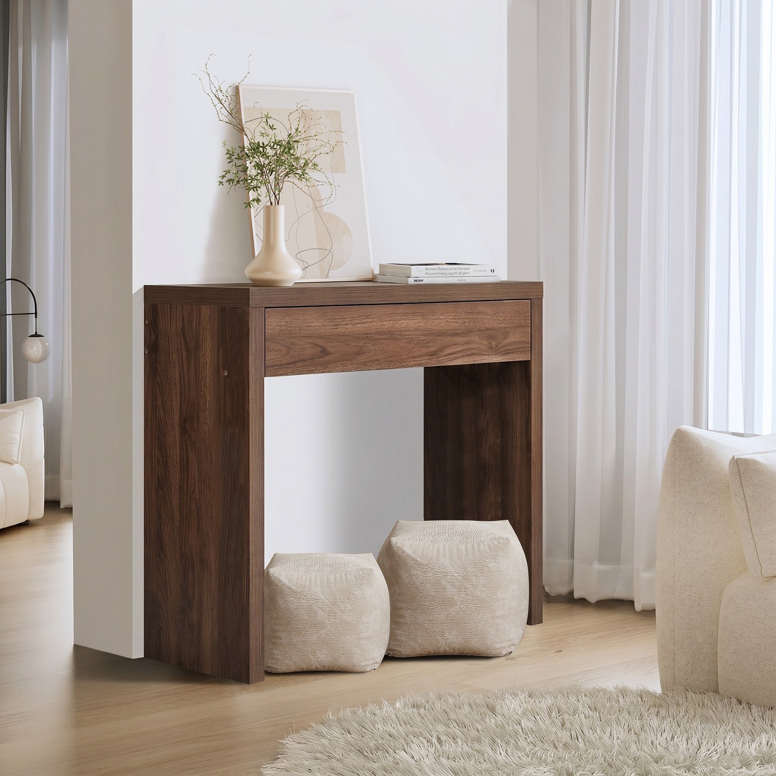Oikiture Console Table Wood Sofa Table Hall Side Entry with Drawer Walnut