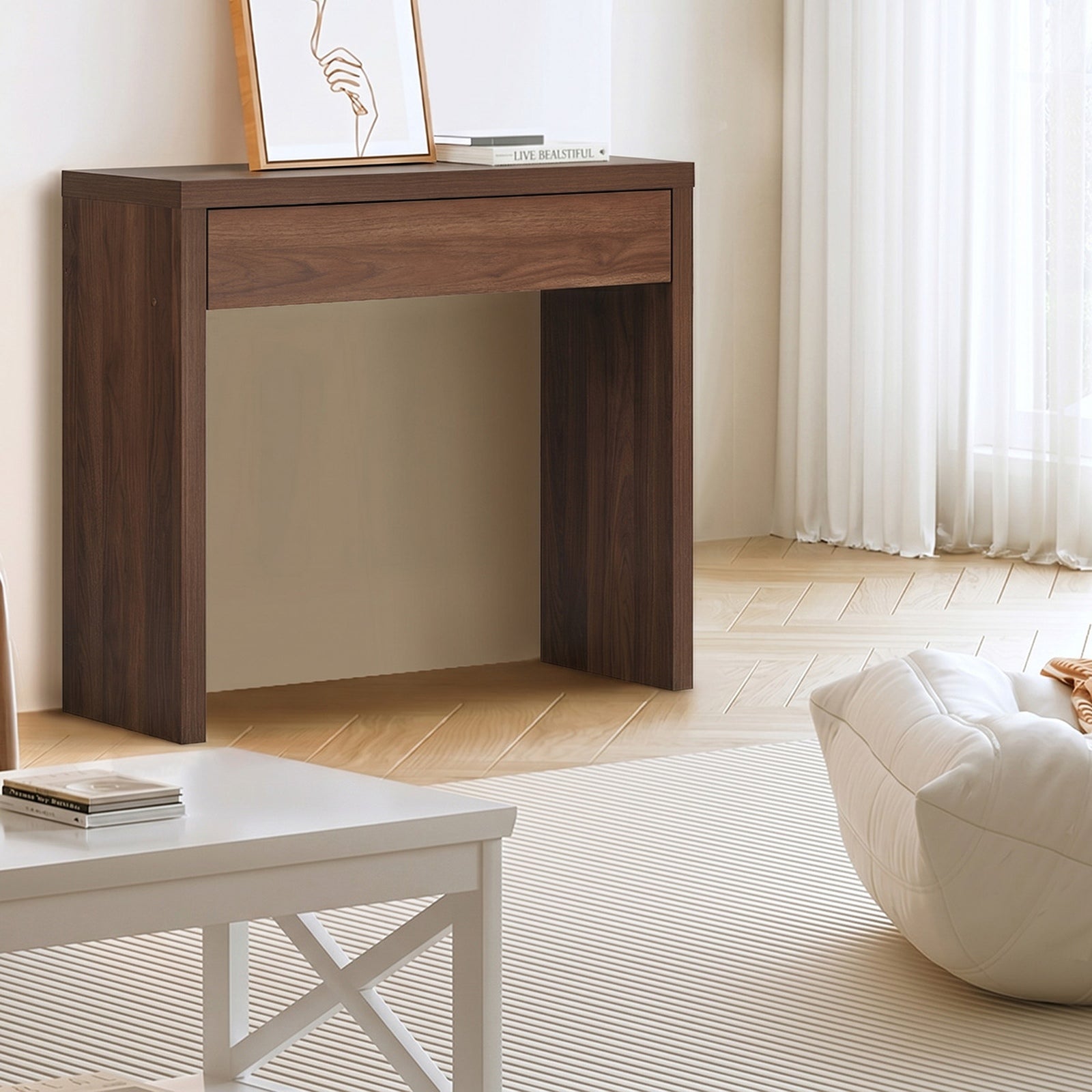 Oikiture Console Table Wood Sofa Table Hall Side Entry with Drawer Walnut