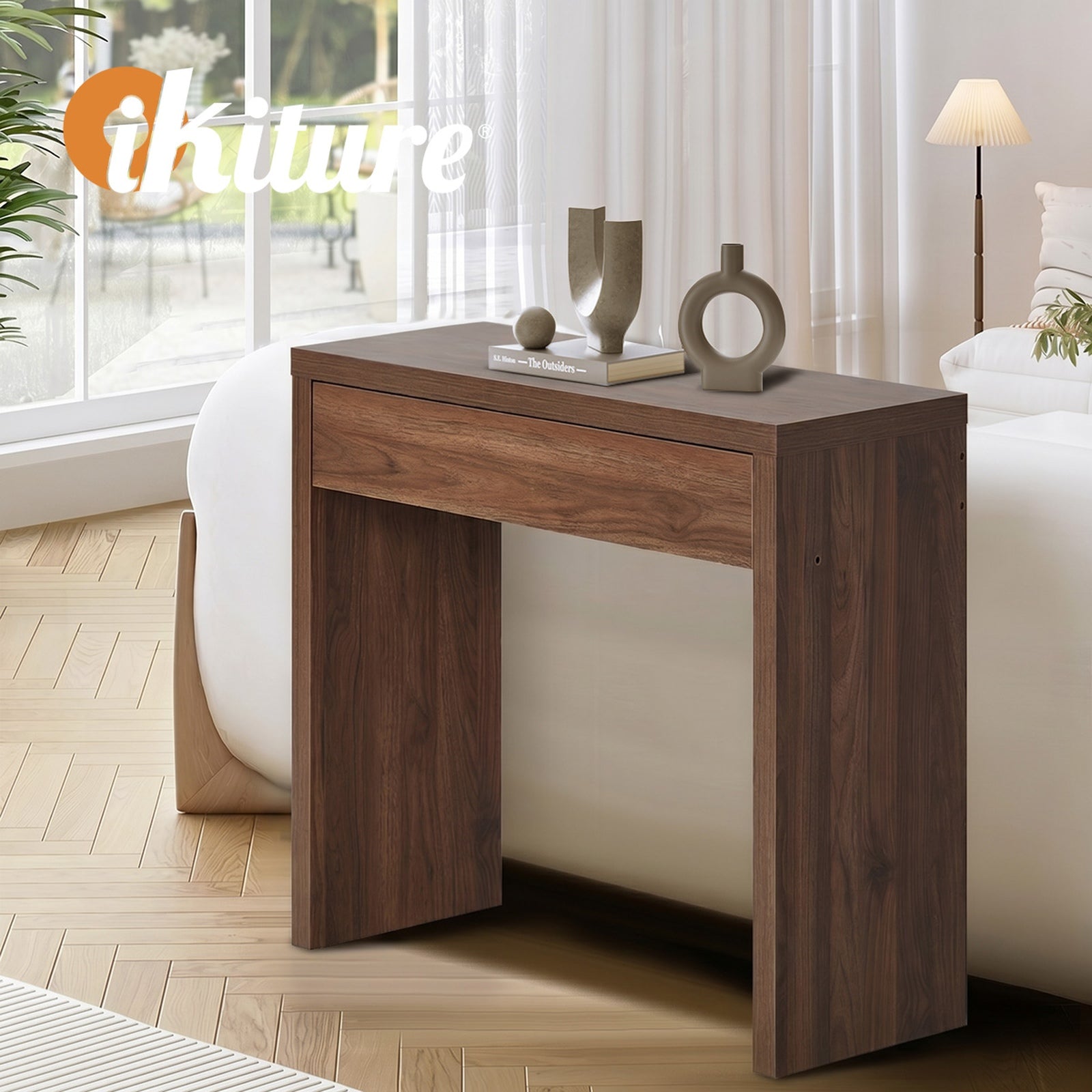 Oikiture Console Table Wood Sofa Table Hall Side Entry with Drawer Walnut
