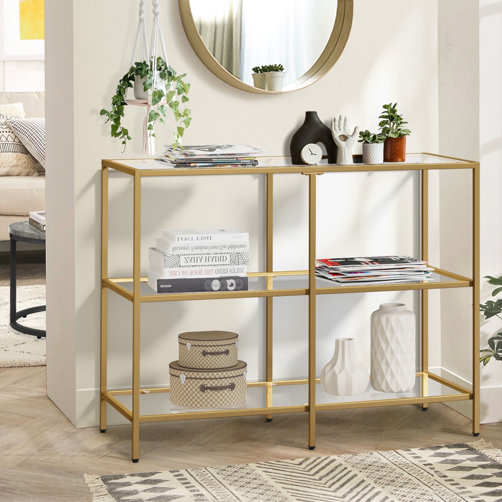 Oikiture Console Table Tempered Glass Sofa Table Hall Side Entry 3 Shelves Gold - Sunyee