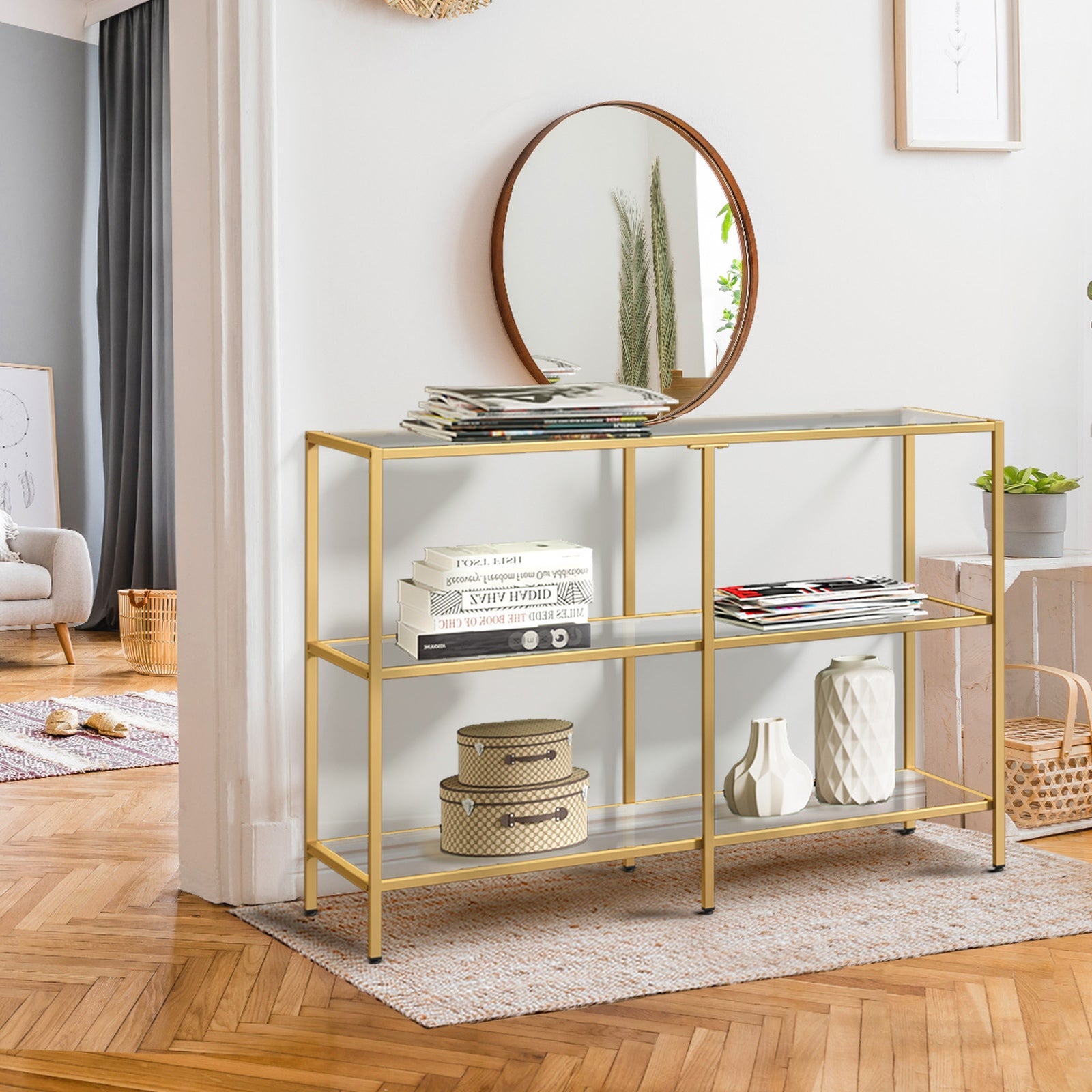 Oikiture Console Table Tempered Glass Sofa Table Hall Side Entry 3 Shelves Gold - Sunyee
