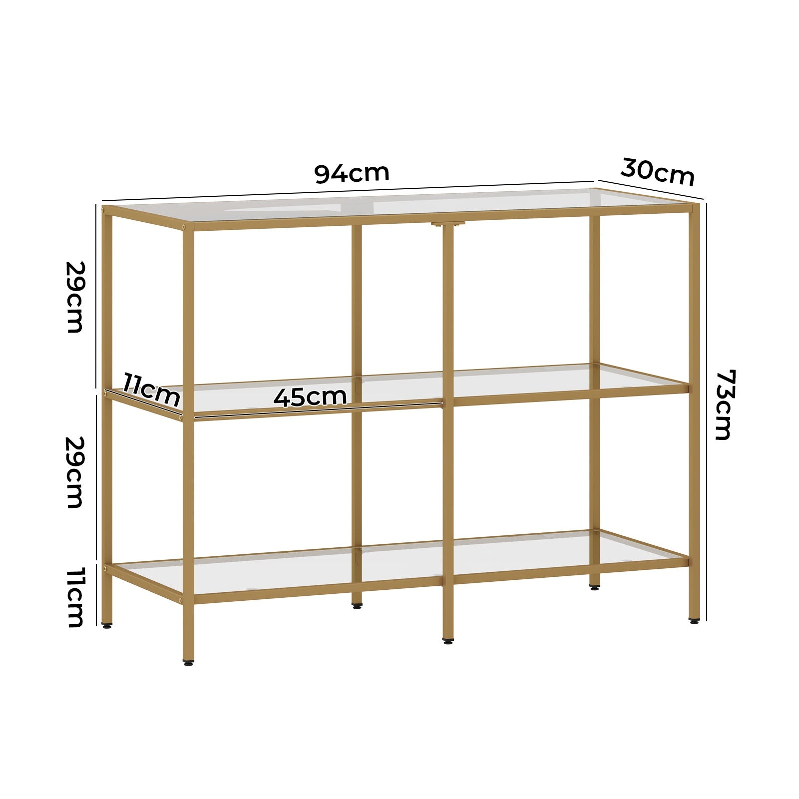 Oikiture Console Table Tempered Glass Sofa Table Hall Side Entry 3 Shelves Gold - Sunyee