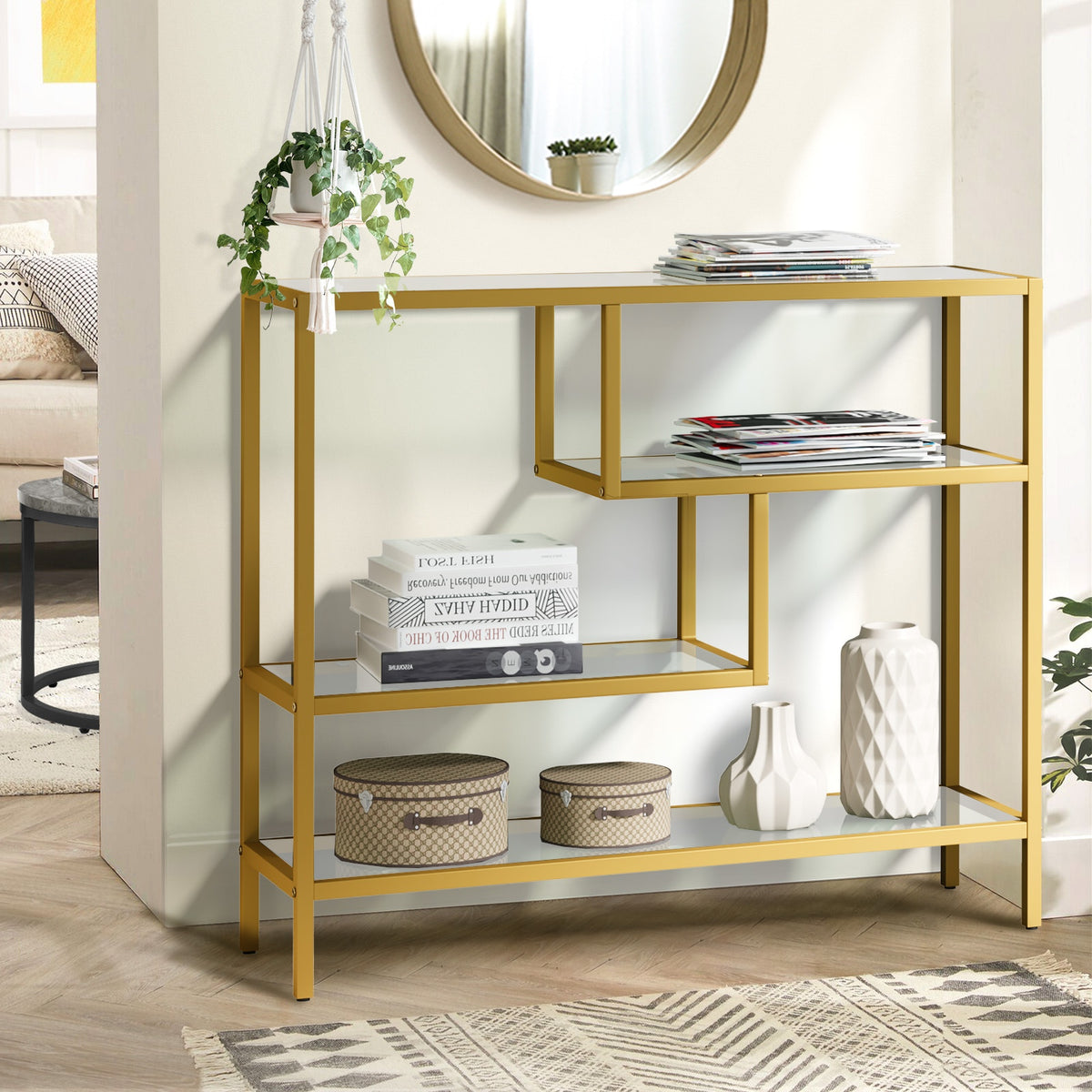 Oikiture Console Table Tempered Glass Sofa Table Hall Side Entry 4 Shelves Gold - Sunyee