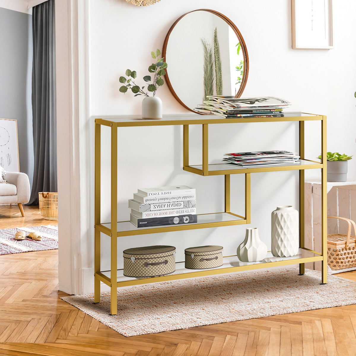 Oikiture Console Table Tempered Glass Sofa Table Hall Side Entry 4 Shelves Gold - Sunyee