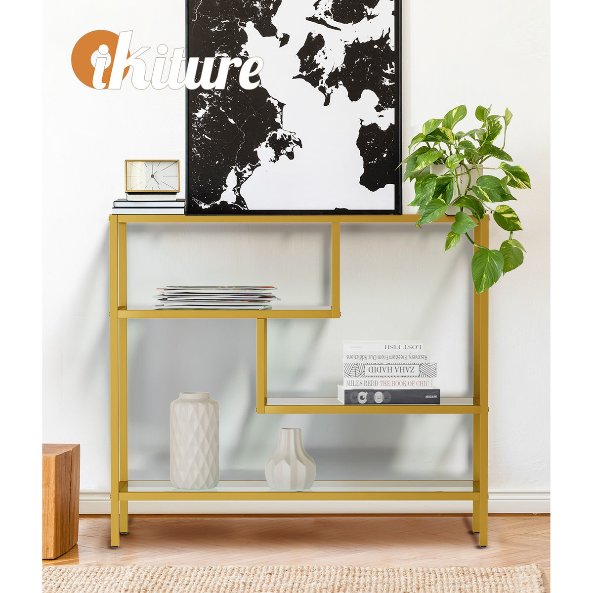 Oikiture Console Table Tempered Glass Sofa Table Hall Side Entry 4 Shelves Gold - Sunyee