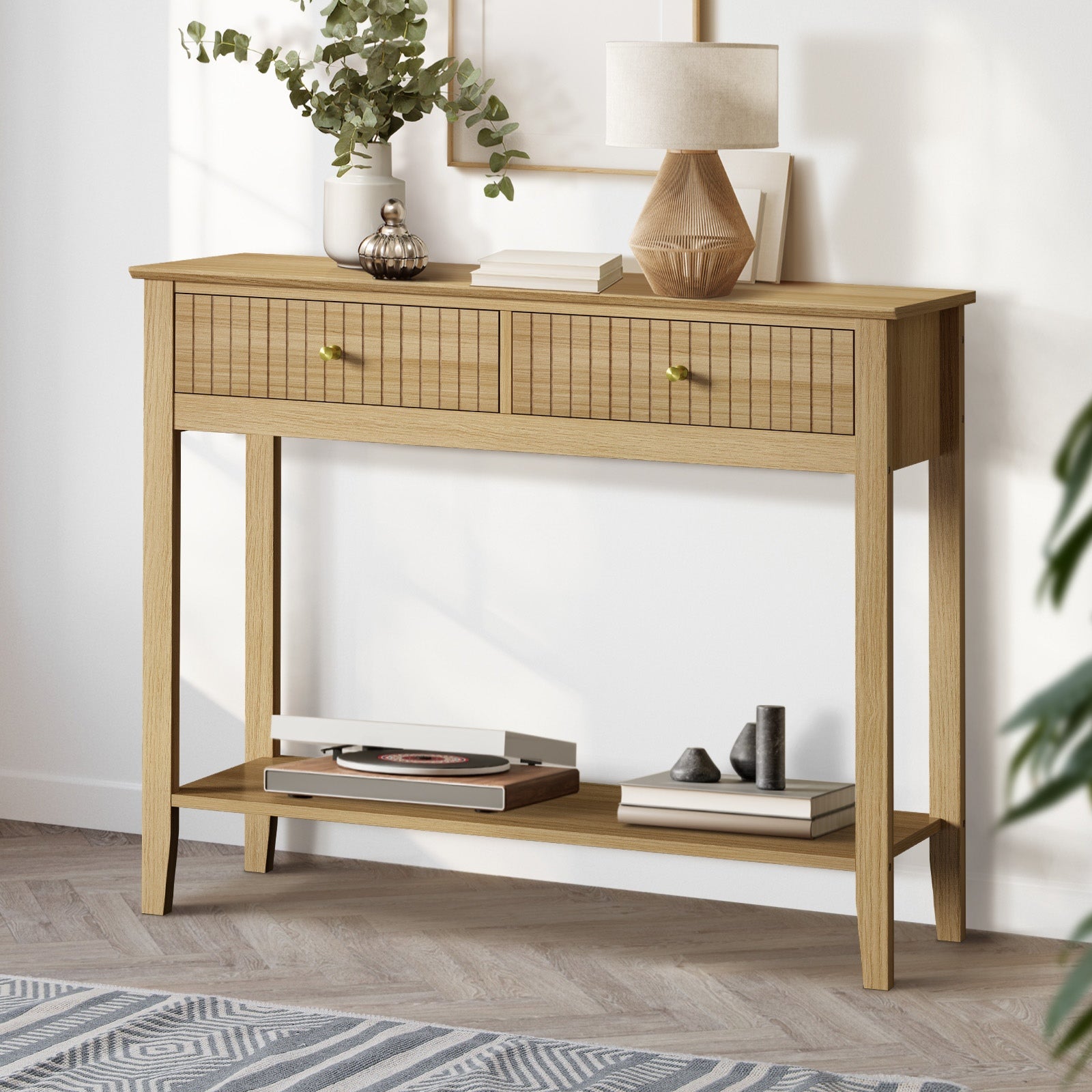 Oikiture 100cm Console Table Hallway Table with 2 Storage Drawer Entry Desk - Sunyee