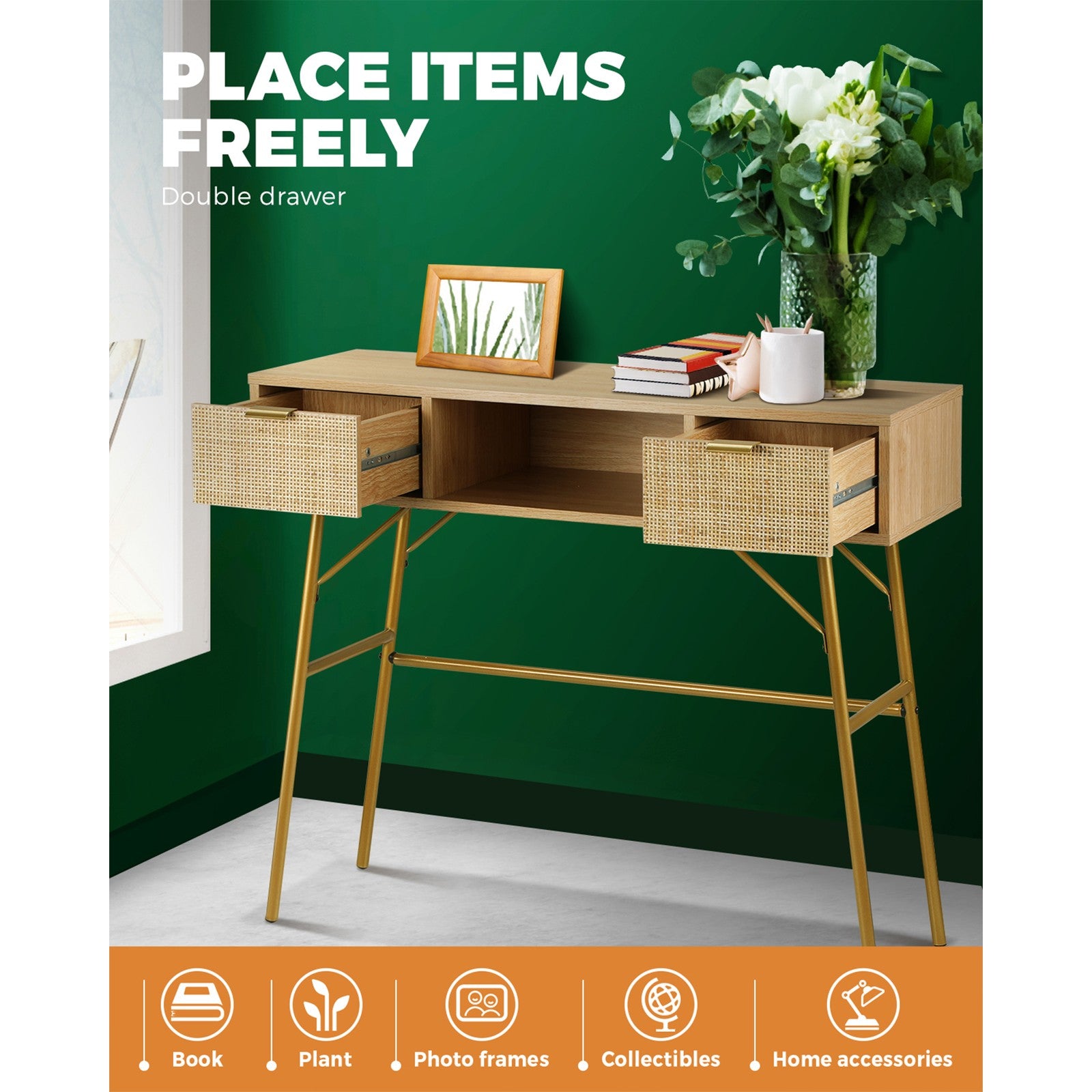 Oikiture Rattan Console Table Hall Table Dressing Desk Hallway Display Furniture - Sunyee