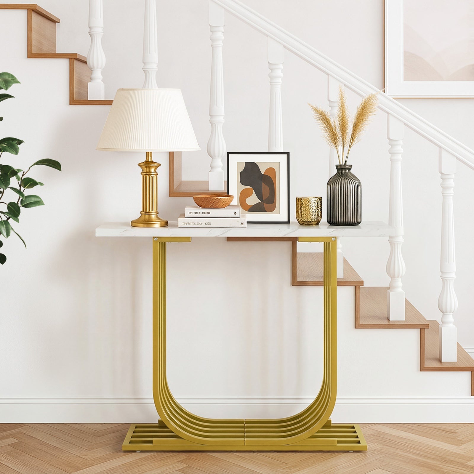 Oikiture Console Table Modern Hallway Desk Marble Effect Tabletop White&Gold - Sunyee