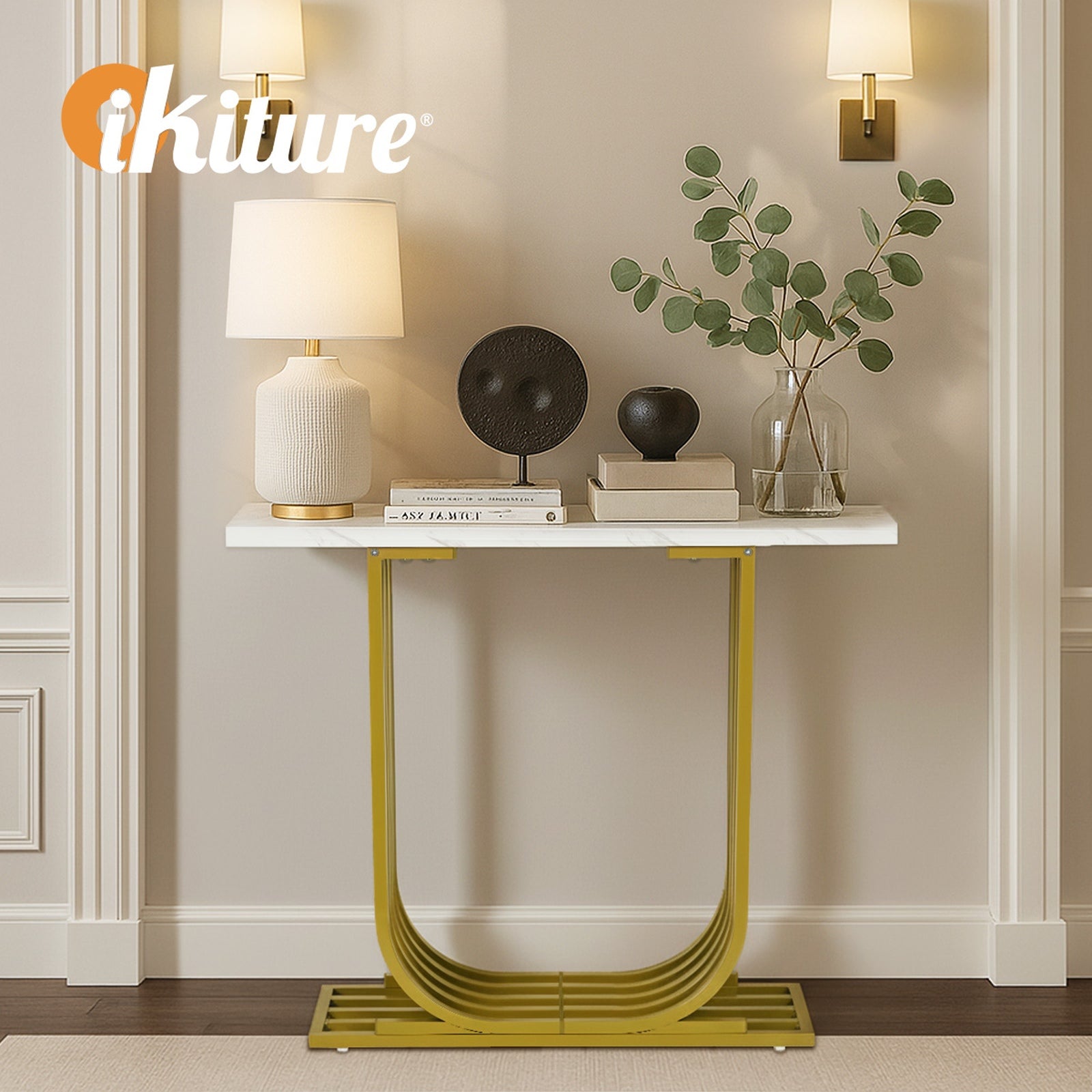 Oikiture Console Table Modern Hallway Desk Marble Effect Tabletop White&Gold - Sunyee