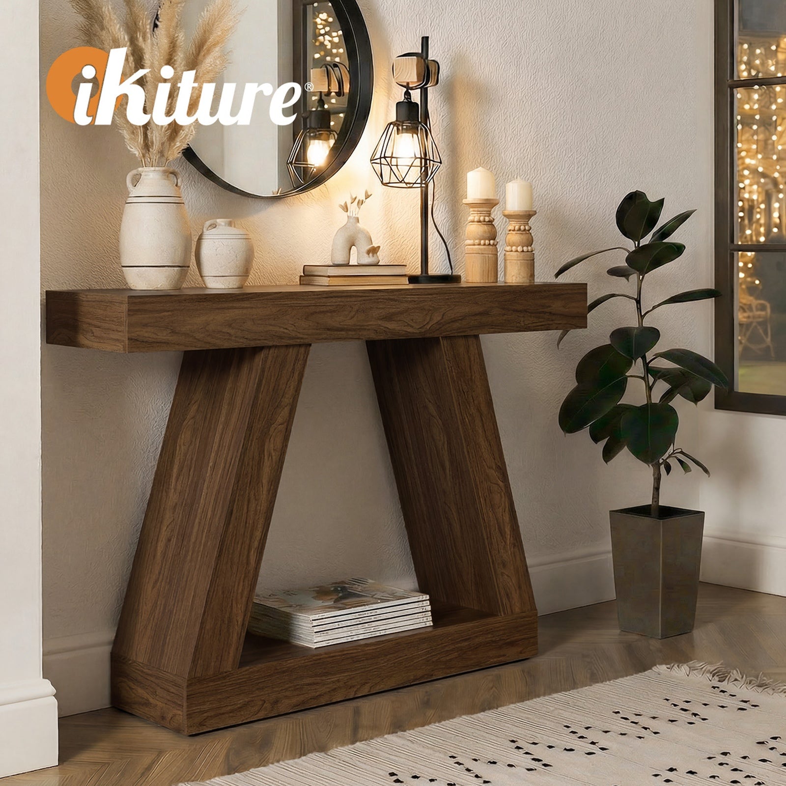 Oikiture Console Table Hallway Narrow Sofa Table Entryway Display Shelf Walnut
