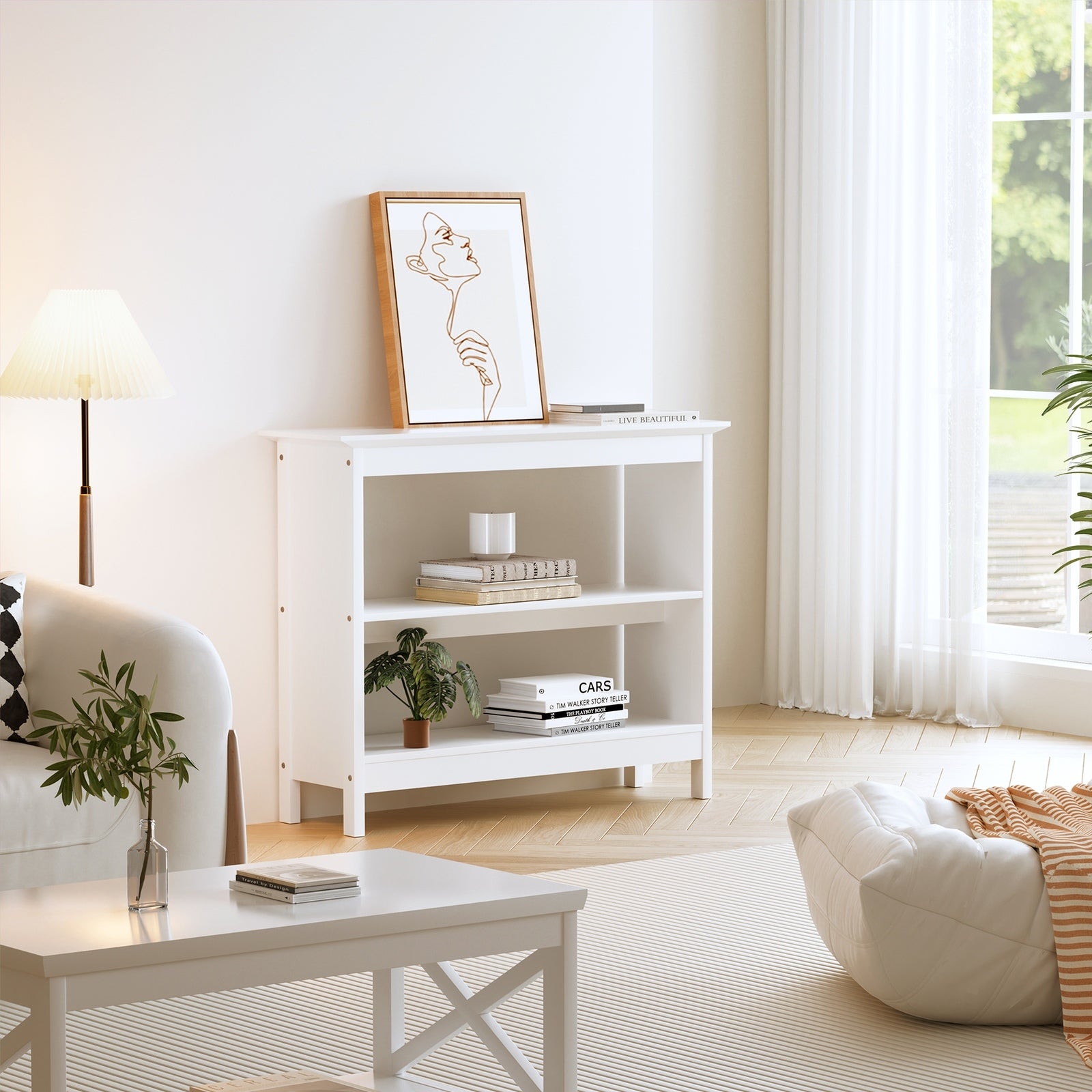 Oikiture 3-Tier Console Table Open Shelf Wood Sofa Table Hall Side Entry White - Sunyee