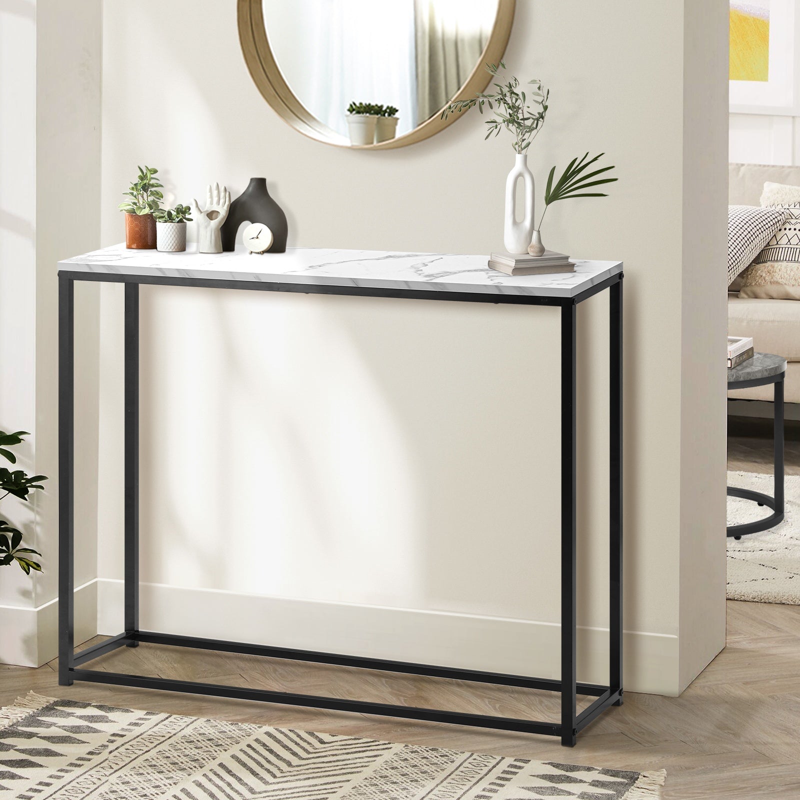 Oikiture Console Table Marble-look Iron Hallway Desk Entry Display Black&White - Sunyee