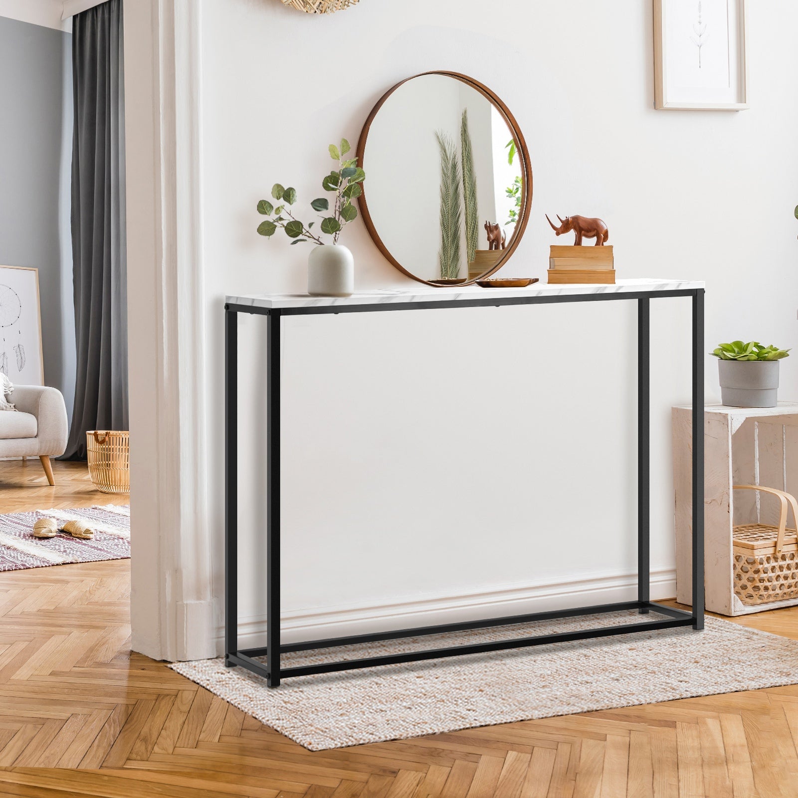Oikiture Console Table Marble-look Iron Hallway Desk Entry Display Black&White - Sunyee