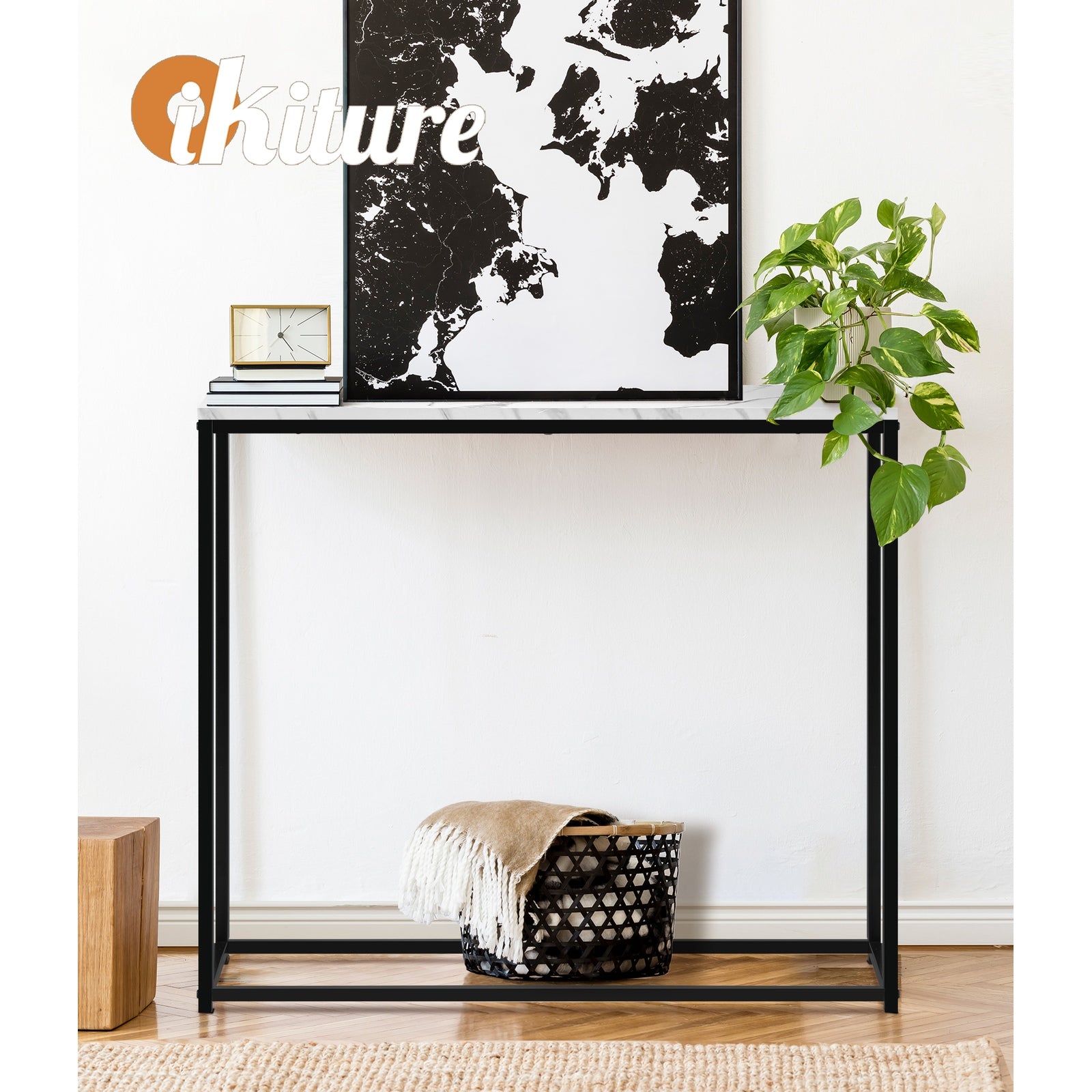 Oikiture Console Table Marble-look Iron Hallway Desk Entry Display Black&White - Sunyee