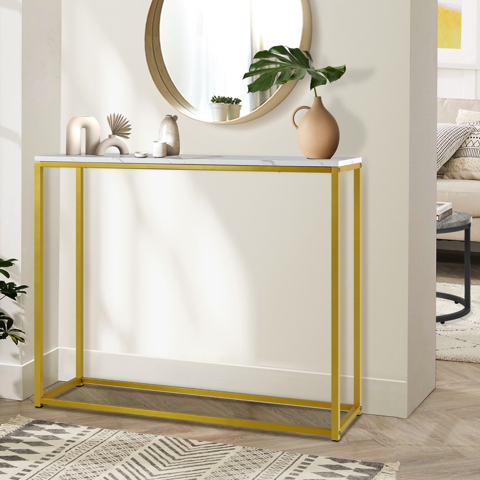Oikiture Console Table Marble-look Iron Hallway Desk Entry Display Gold&White - Sunyee