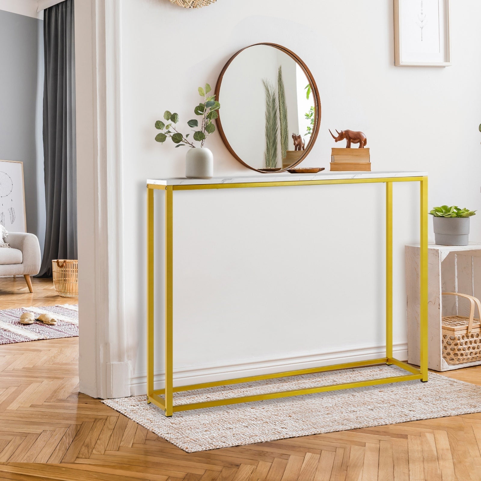 Oikiture Console Table Marble-look Iron Hallway Desk Entry Display Gold&White - Sunyee
