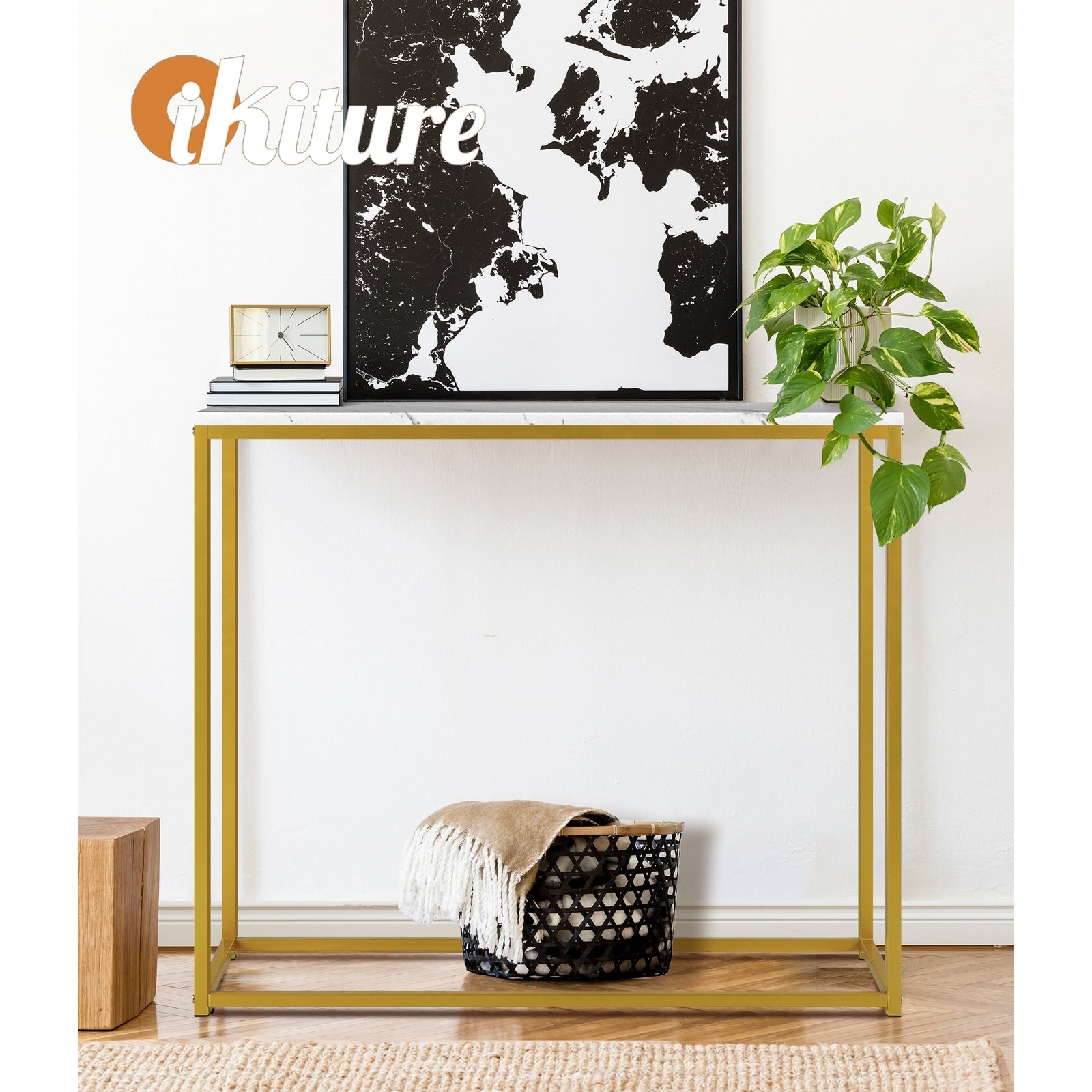 Oikiture Console Table Marble-look Iron Hallway Desk Entry Display Gold&White - Sunyee