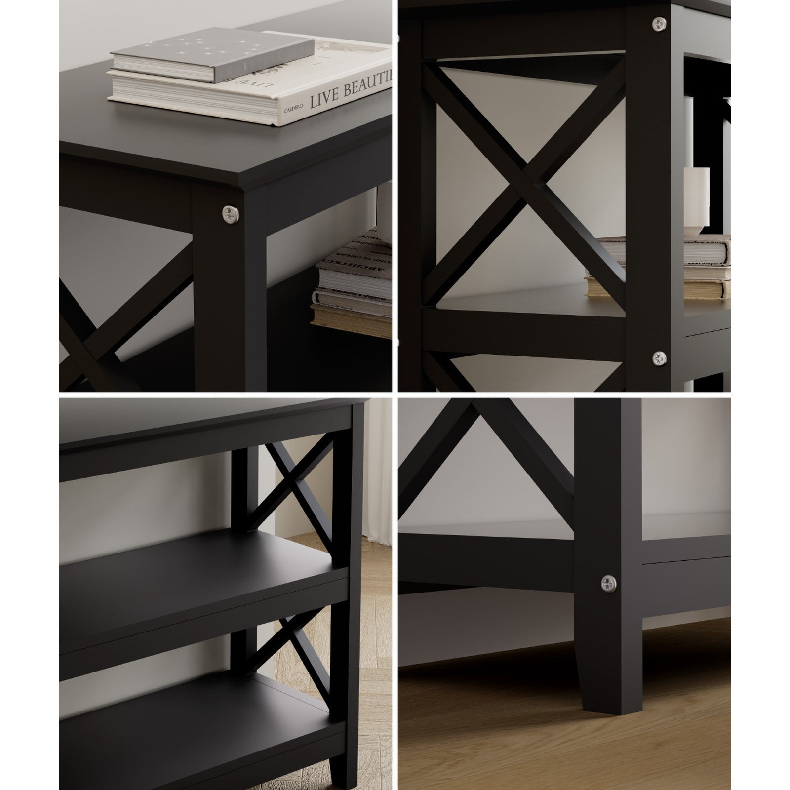 Oikiture 3-Tier Console Table X-Design Wood Sofa Table Hall Side Entry Black - Sunyee