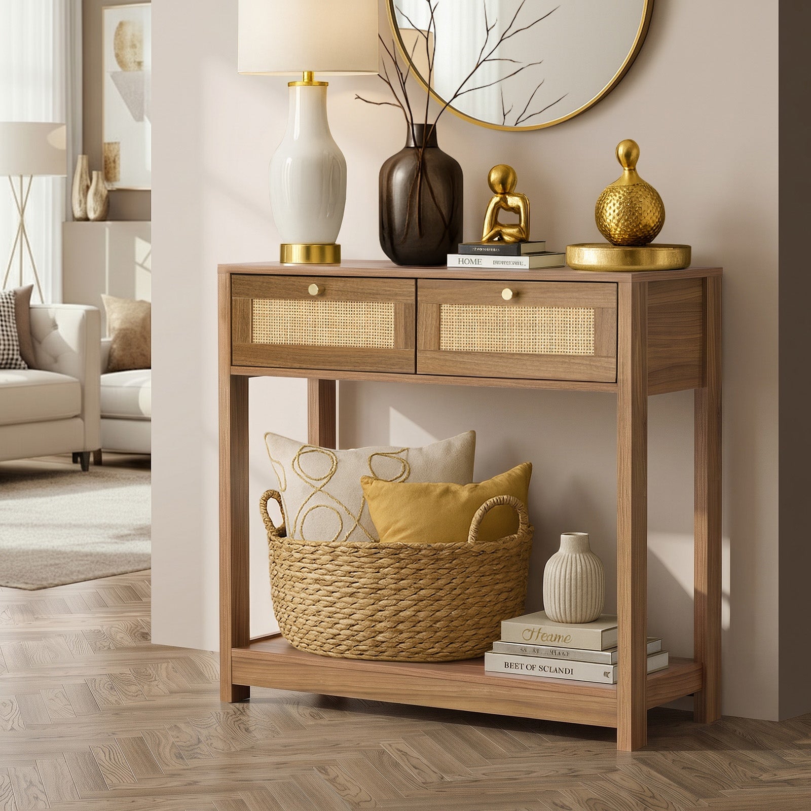 Oikiture Console Table 2 Drawer Hallway Display Shelf Entryway Storage Oak
