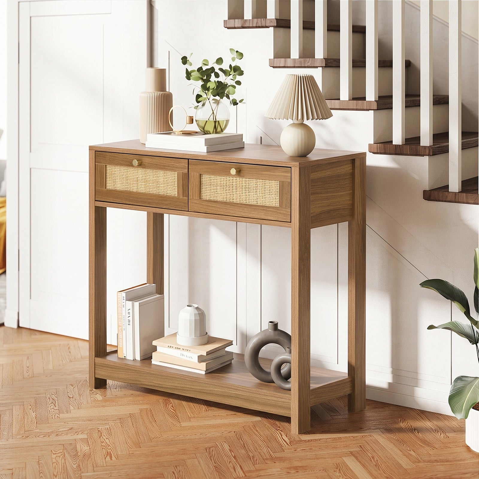Oikiture Console Table 2 Drawer Hallway Display Shelf Entryway Storage Oak