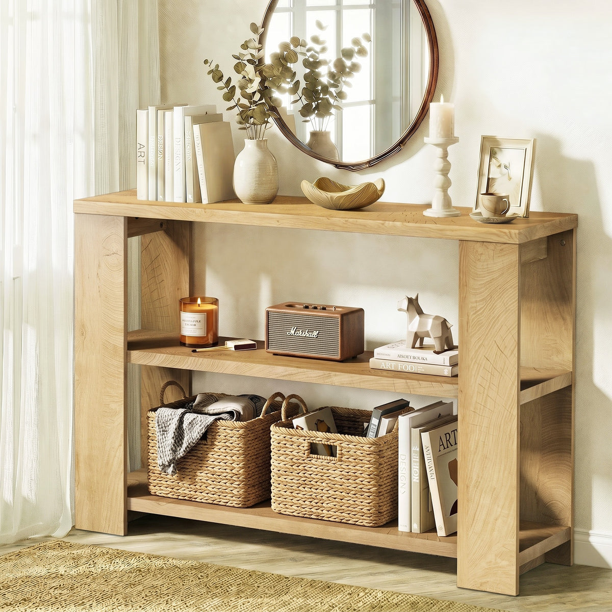 Oikiture Modern Console Table Two Open Shelves Entryway Storage Decor Natural