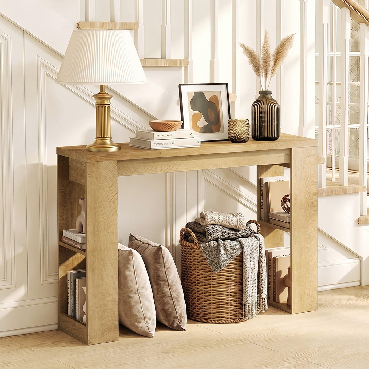 Oikiture Modern Console Table Display Shelf Entryway Open Storage Decor Natural
