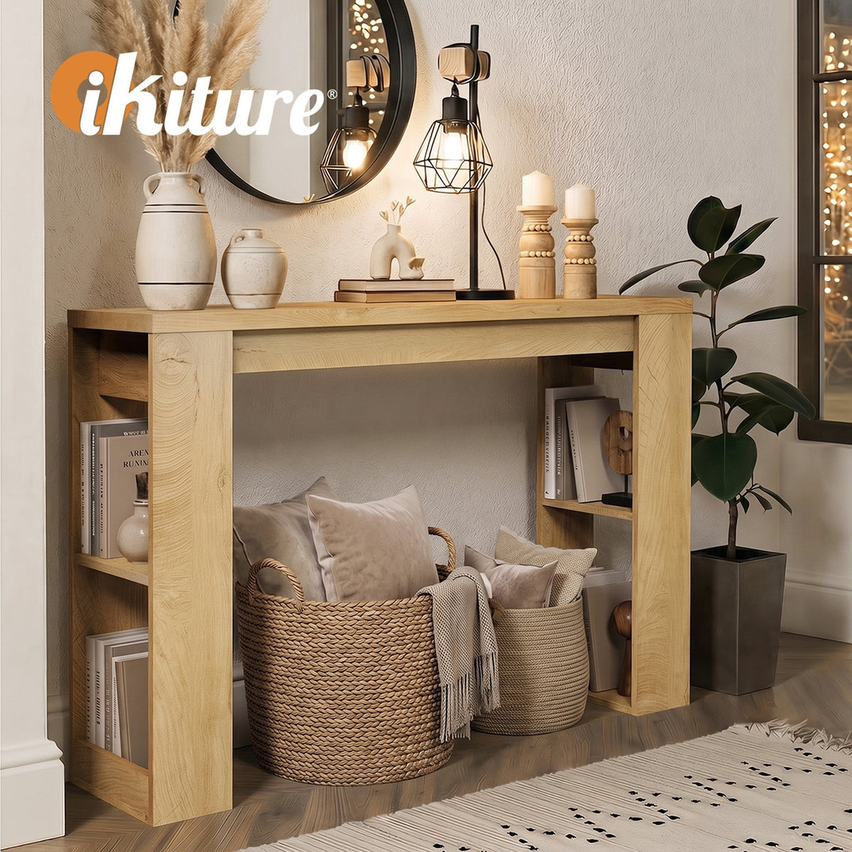 Oikiture Modern Console Table Display Shelf Entryway Open Storage Decor Natural