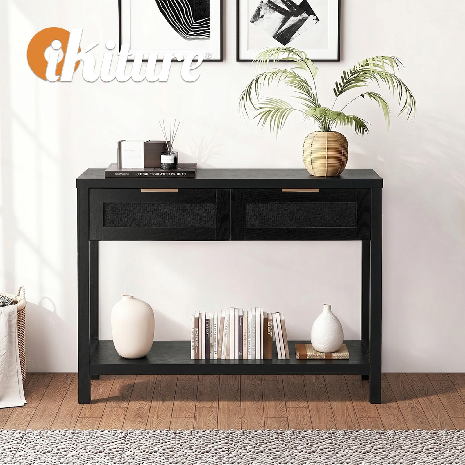 Oikiture Console Table 2 Drawers Entry Table Hallway Display Shelf Black