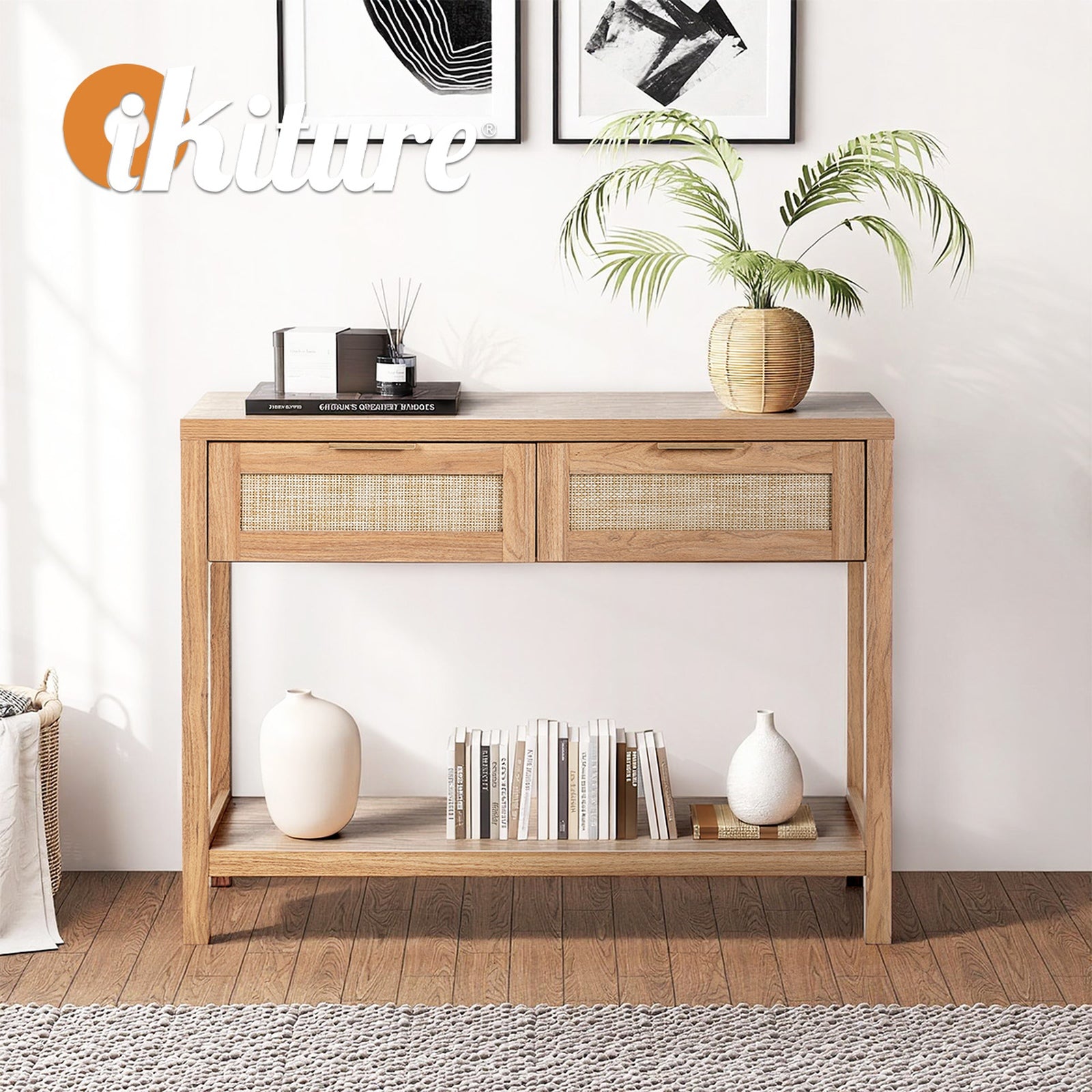 Oikiture Console Table 2 Drawers Entry Table Hallway Display Shelf Natural - Sunyee