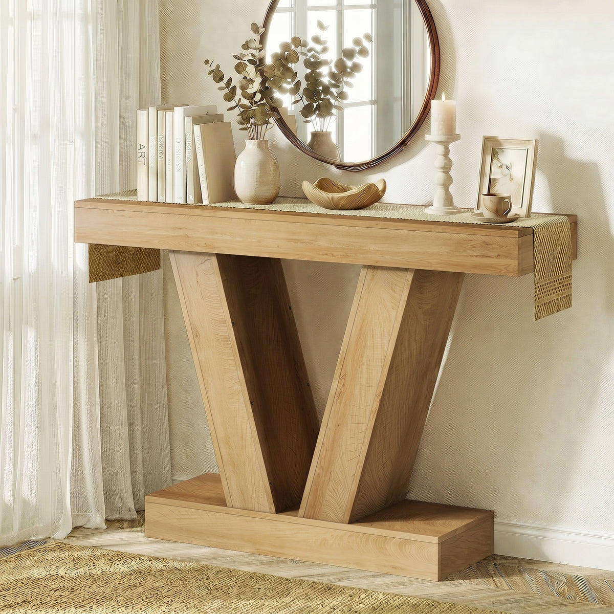 Oikiture Modern Console Table Narrow Sofa Table V-Shape Storage Natural
