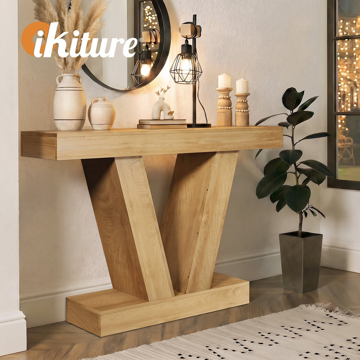 Oikiture Modern Console Table Narrow Sofa Table V-Shape Storage Natural