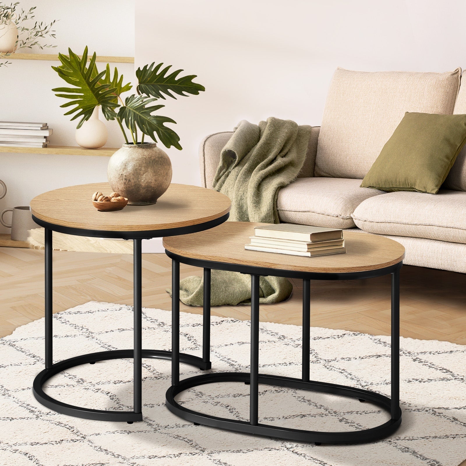Oikiture Set of 2 Coffee Table Nesting Round Oval Side End Tables Natural - Sunyee