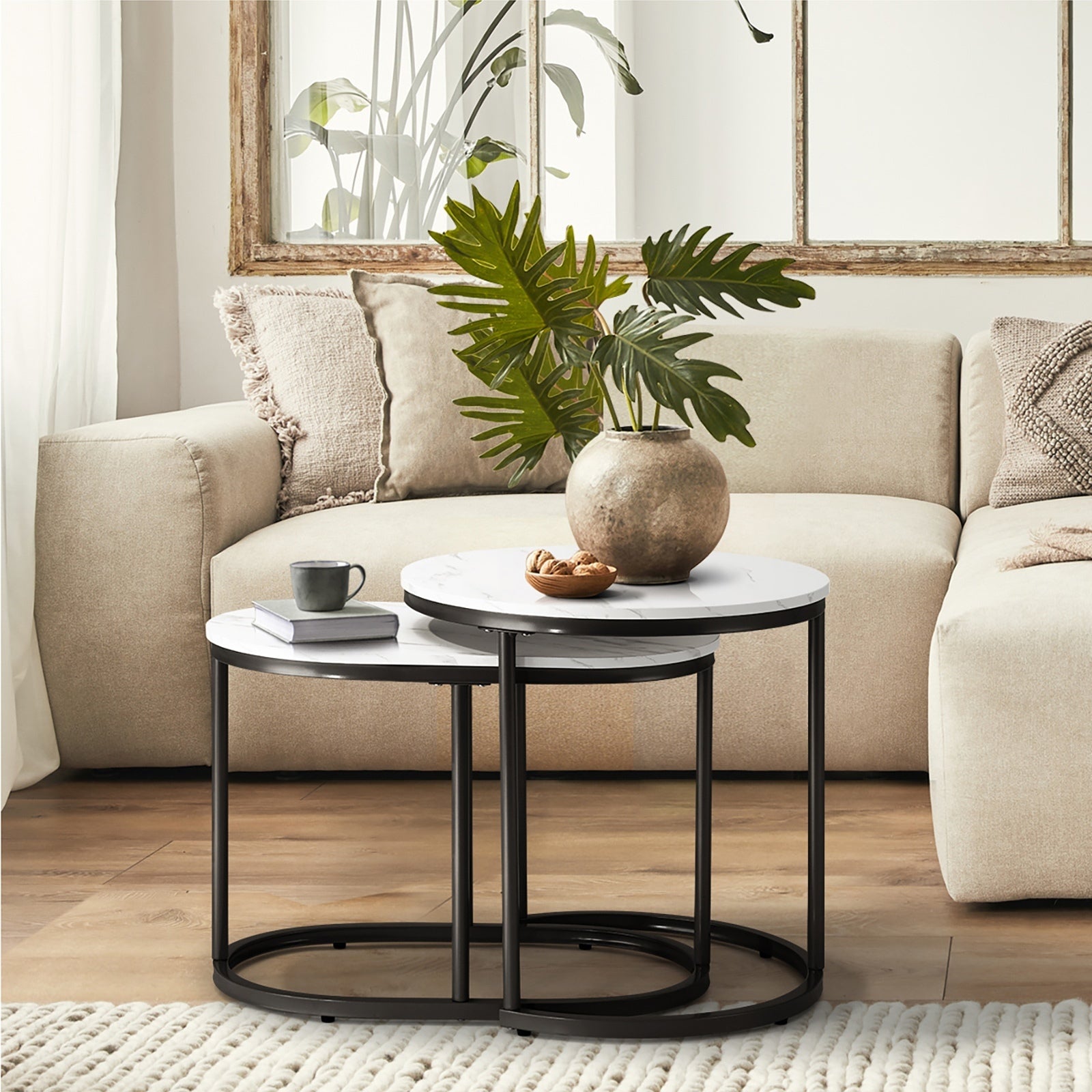 Oikiture Set of 2 Coffee Table Round Oval Marble-like Nesting Side Tables Black - Sunyee